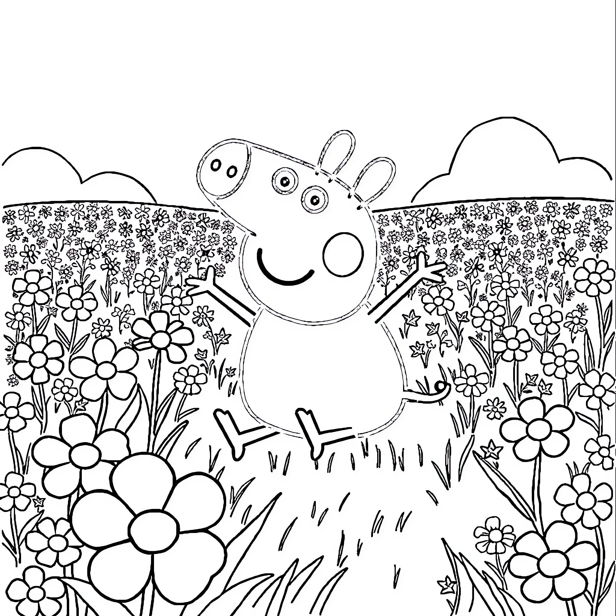 Peppa Pig enjoying a day in the flower garden Coloring Page (free black-and-white line drawing printable PDF for all, from beginners to advanced learners, including children, teens, adults, and seniors)