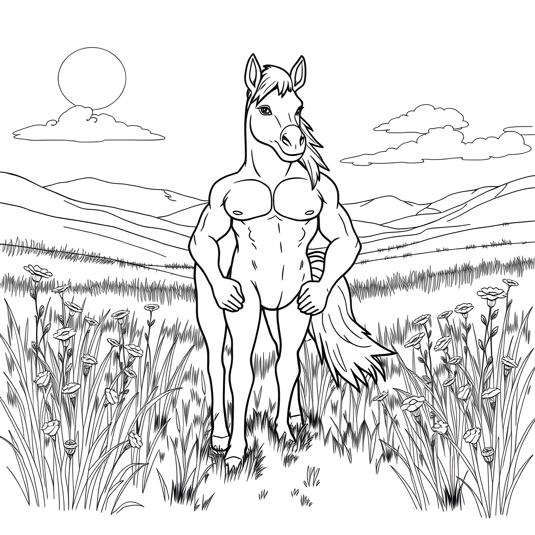 Zade's Energetic Equine Adventure in the Meadow Coloring Page (free black-and-white line drawing printable PDF for all, from beginners to advanced learners, including children, teens, adults, and seniors)