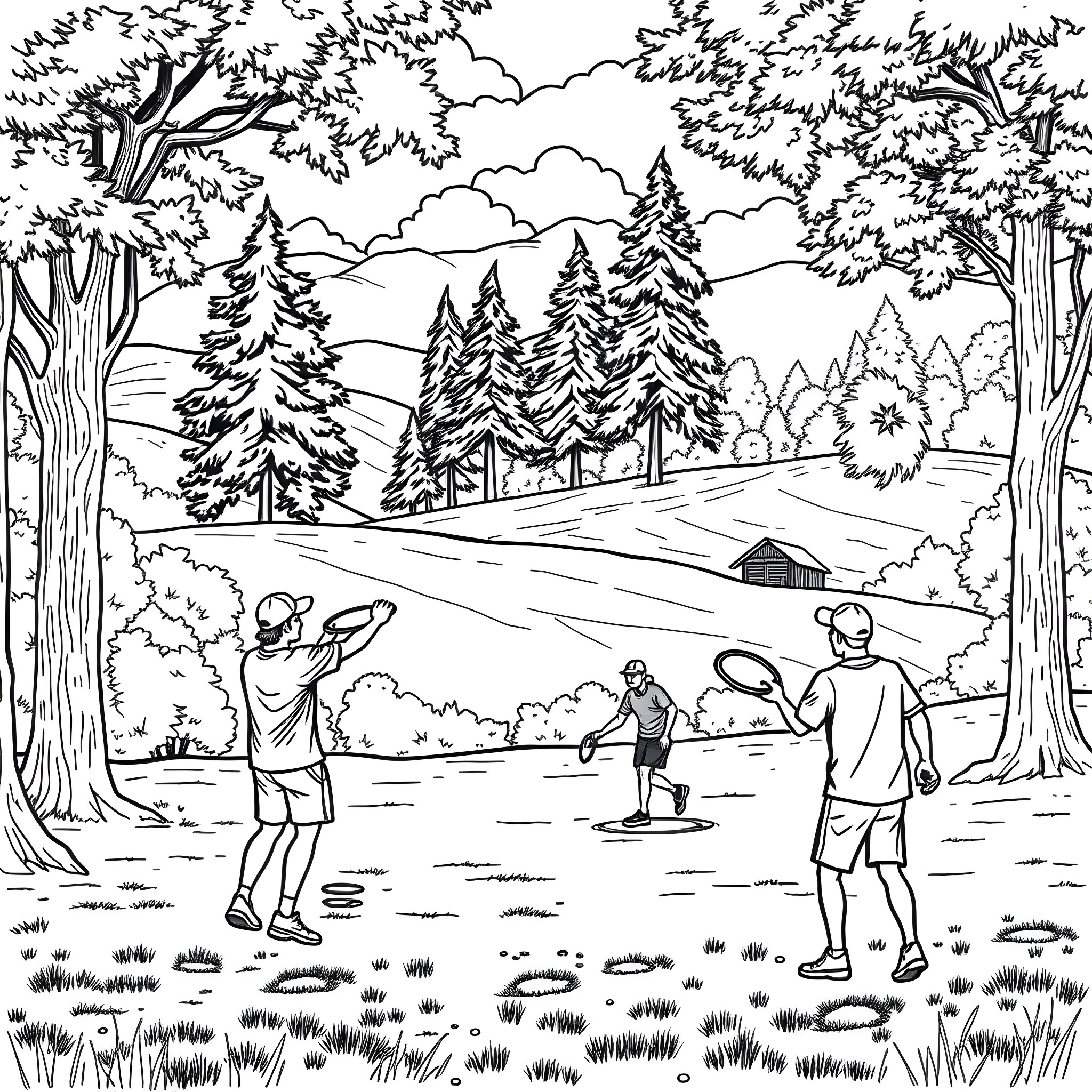 Discgolf in the serene forest landscape Coloring Page (free black-and-white line drawing printable PDF for all, from beginners to advanced learners, including children, teens, adults, and seniors)