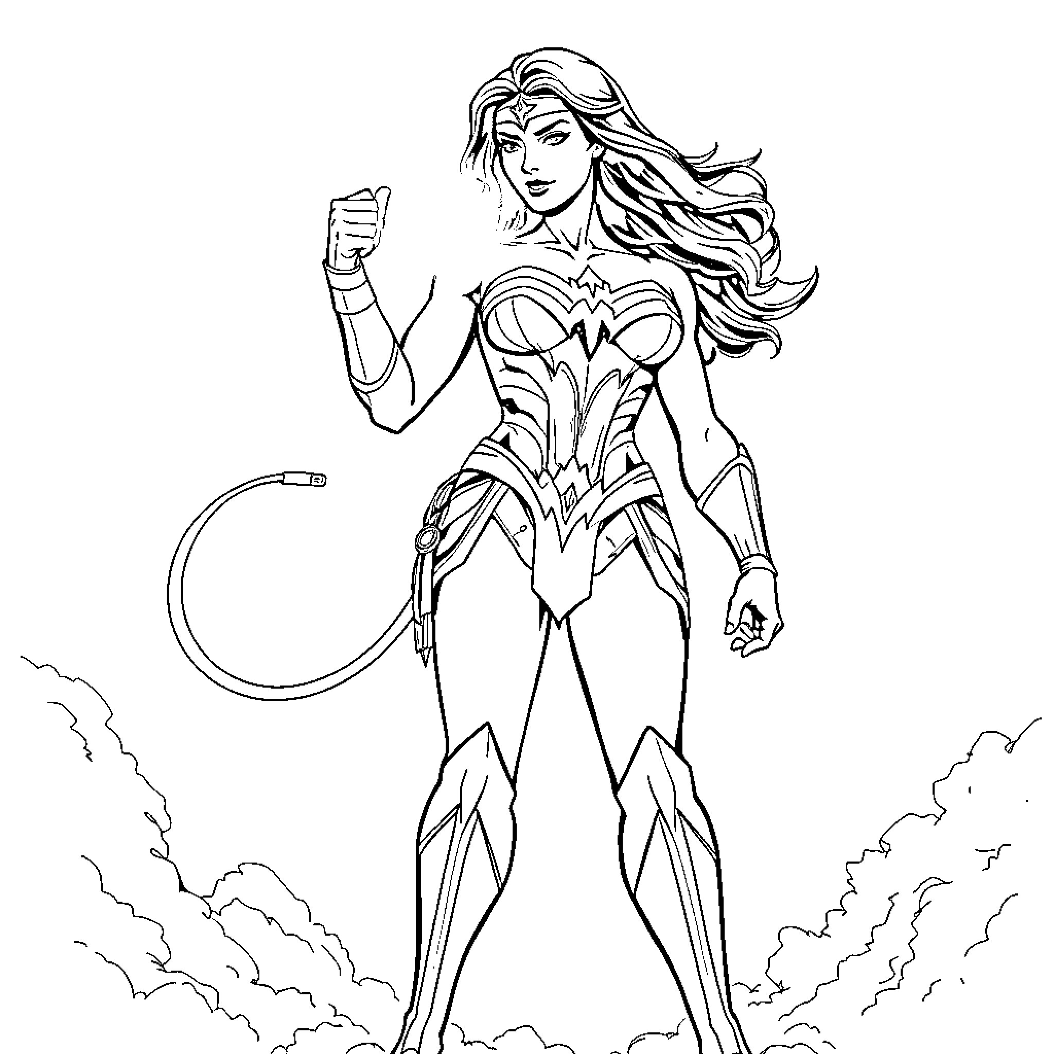 Wonder Woman in Heroic Pose with Lasso Coloring Page (free black-and-white line drawing printable PDF for all, from beginners to advanced learners, including children, teens, adults, and seniors)