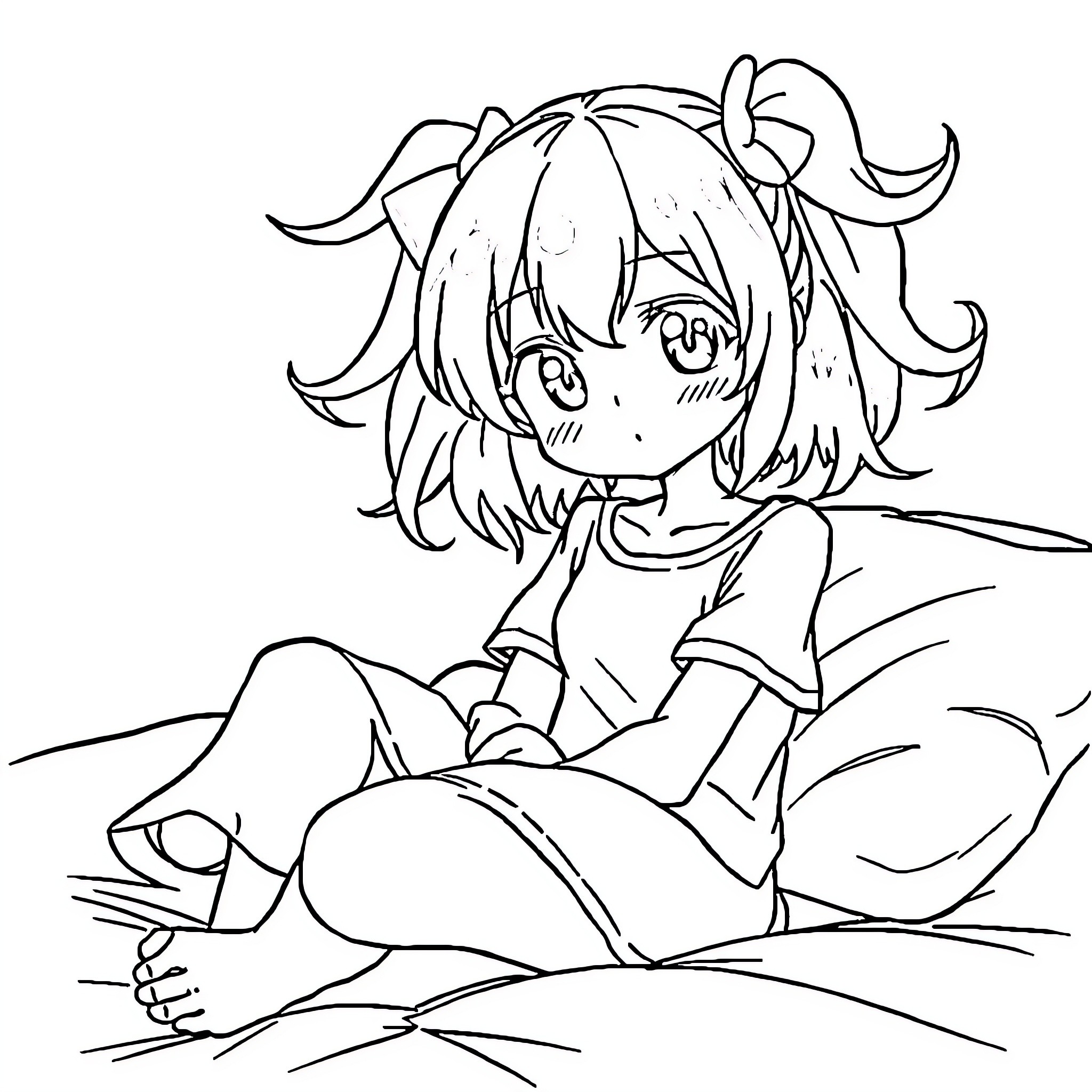 Anime Girl Lying Contentedly on the Grass Coloring Page (free black-and-white line drawing printable PDF for all, from beginners to advanced learners, including children, teens, adults, and seniors)