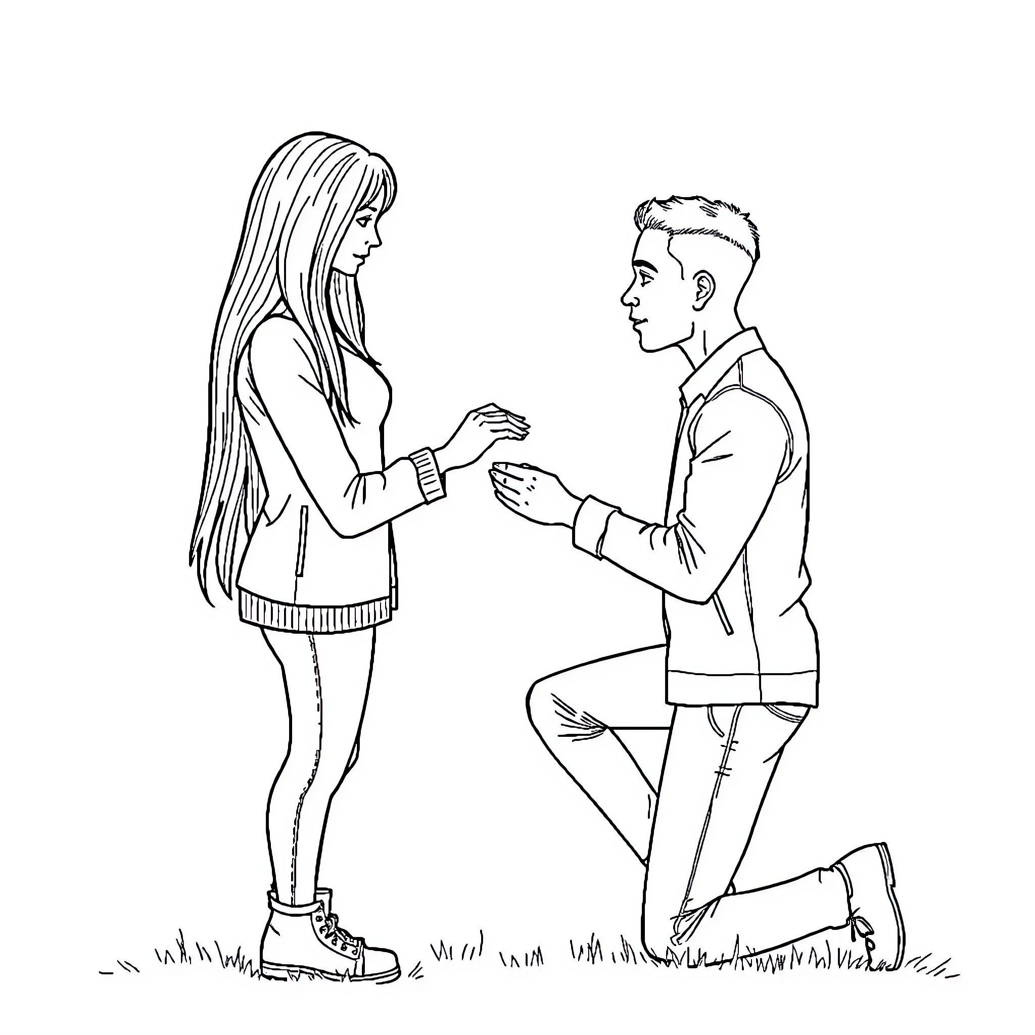 Proposal of a couple standing in the park Coloring Page (free black-and-white line drawing printable PDF for all, from beginners to advanced learners, including children, teens, adults, and seniors)