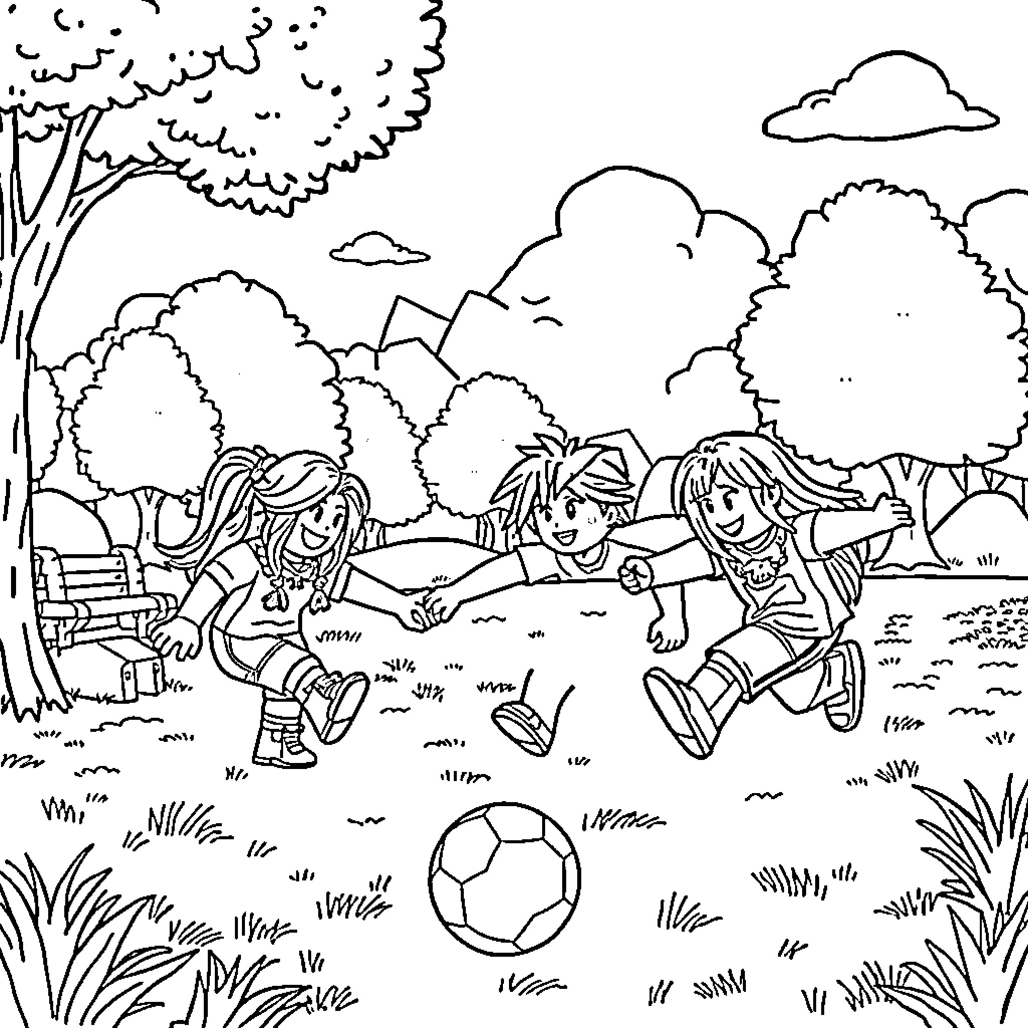 Roblox Rainbow Friend Playing Soccer with Friends in Park Coloring Page (free black-and-white line drawing printable PDF for all, from beginners to advanced learners, including children, teens, adults, and seniors)