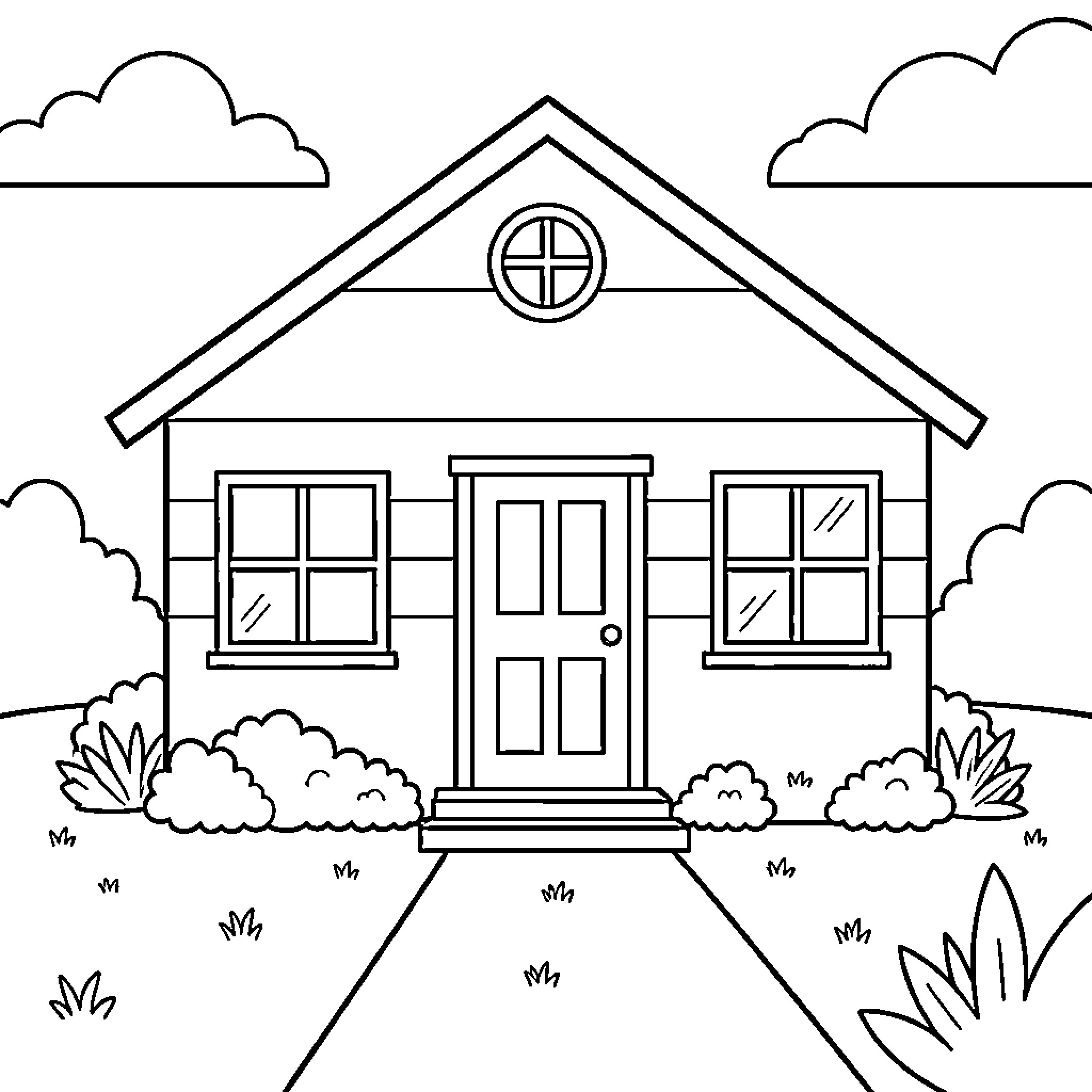 House standing peacefully amidst clouds and bushes Coloring Page (free black-and-white line drawing printable PDF for all, from beginners to advanced learners, including children, teens, adults, and seniors)
