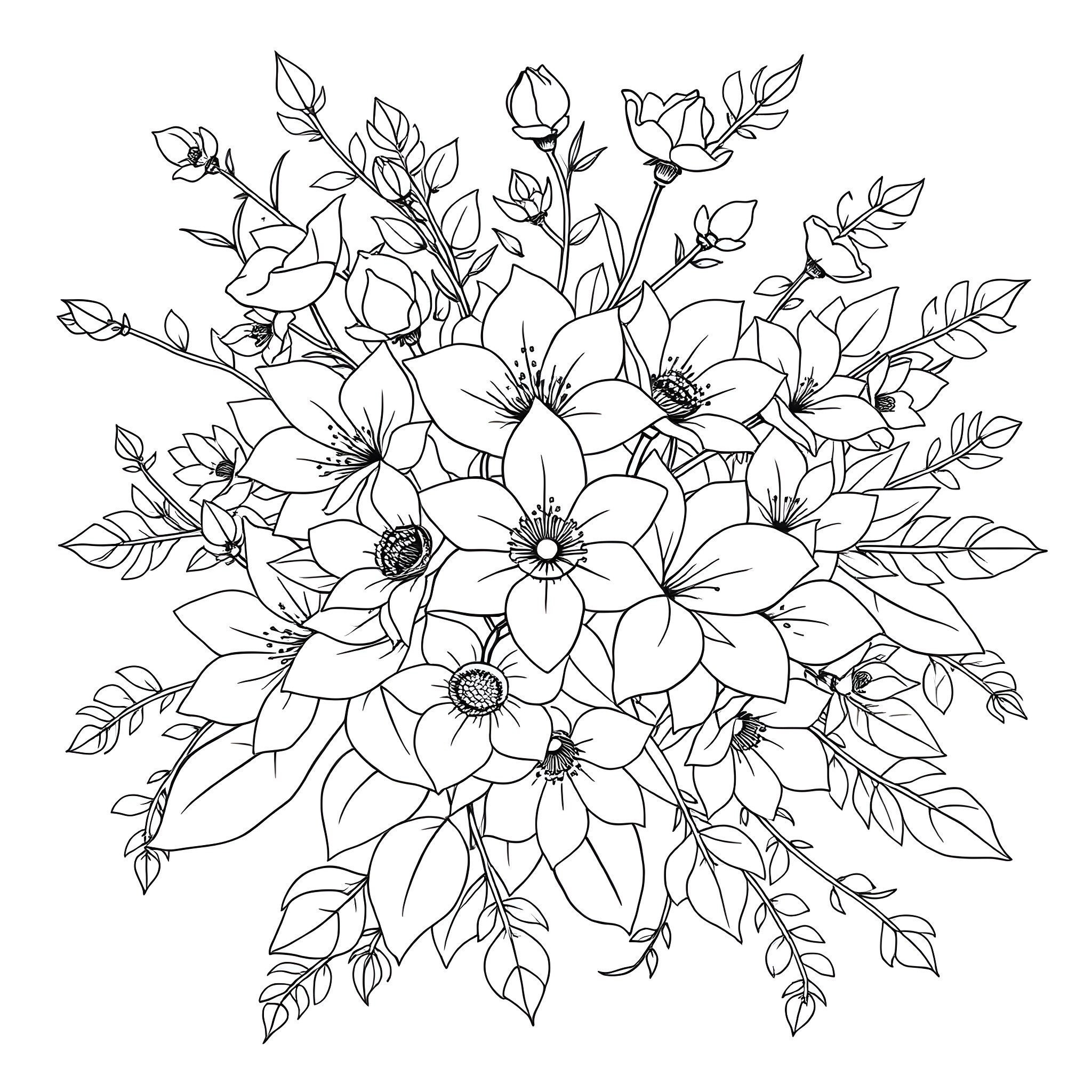Flower bouquet of blooming floral arrangement Coloring Page (free black-and-white line drawing printable PDF for all, from beginners to advanced learners, including children, teens, adults, and seniors)