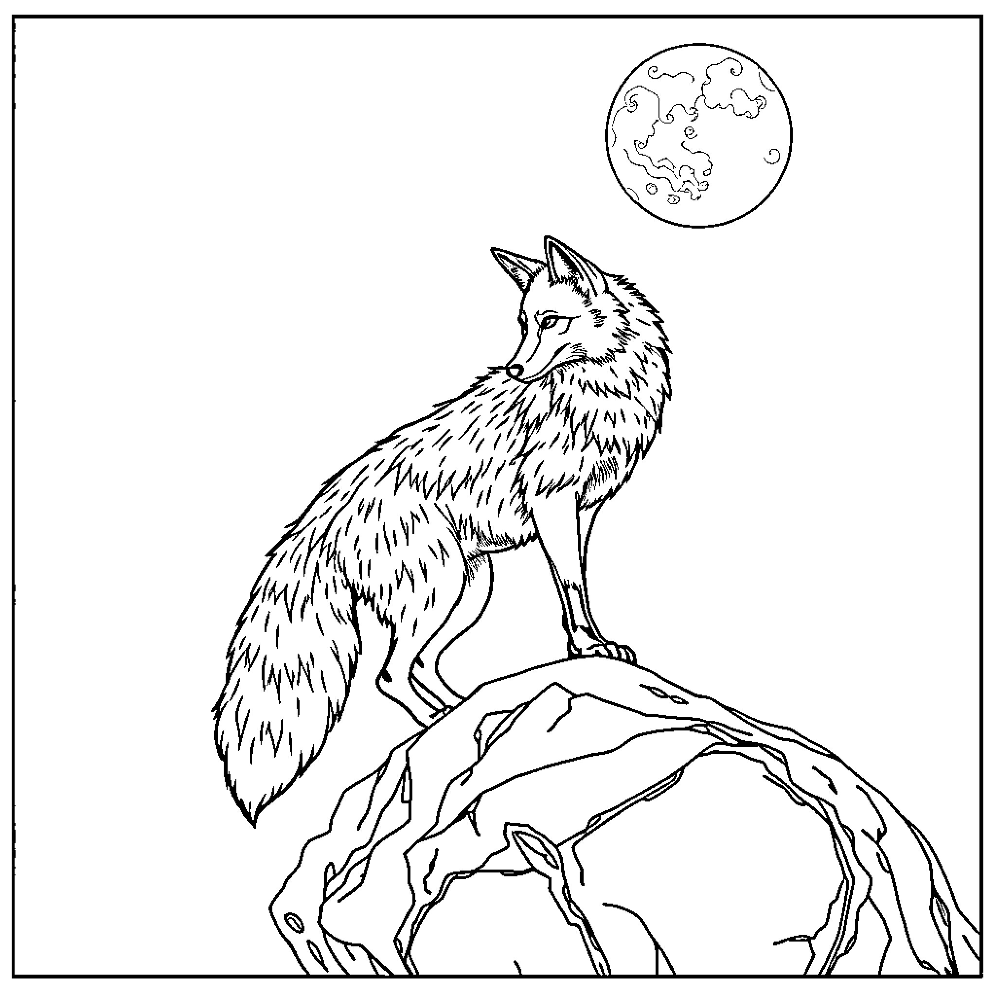 Fox howling under the moon Coloring Page (free black-and-white line drawing printable PDF for all, from beginners to advanced learners, including children, teens, adults, and seniors)