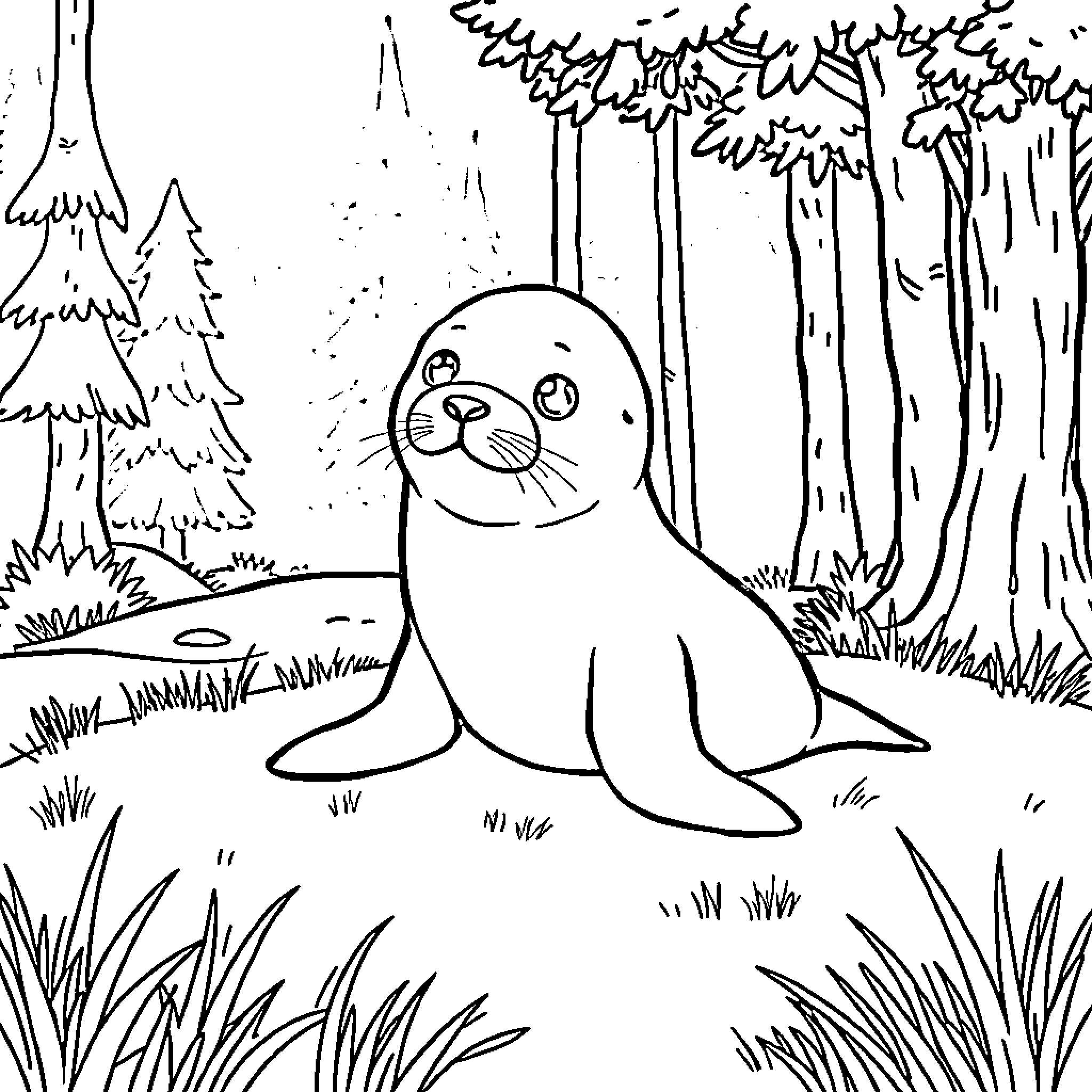Seal resting in the forest Coloring Page (free black-and-white line drawing printable PDF for all, from beginners to advanced learners, including children, teens, adults, and seniors)
