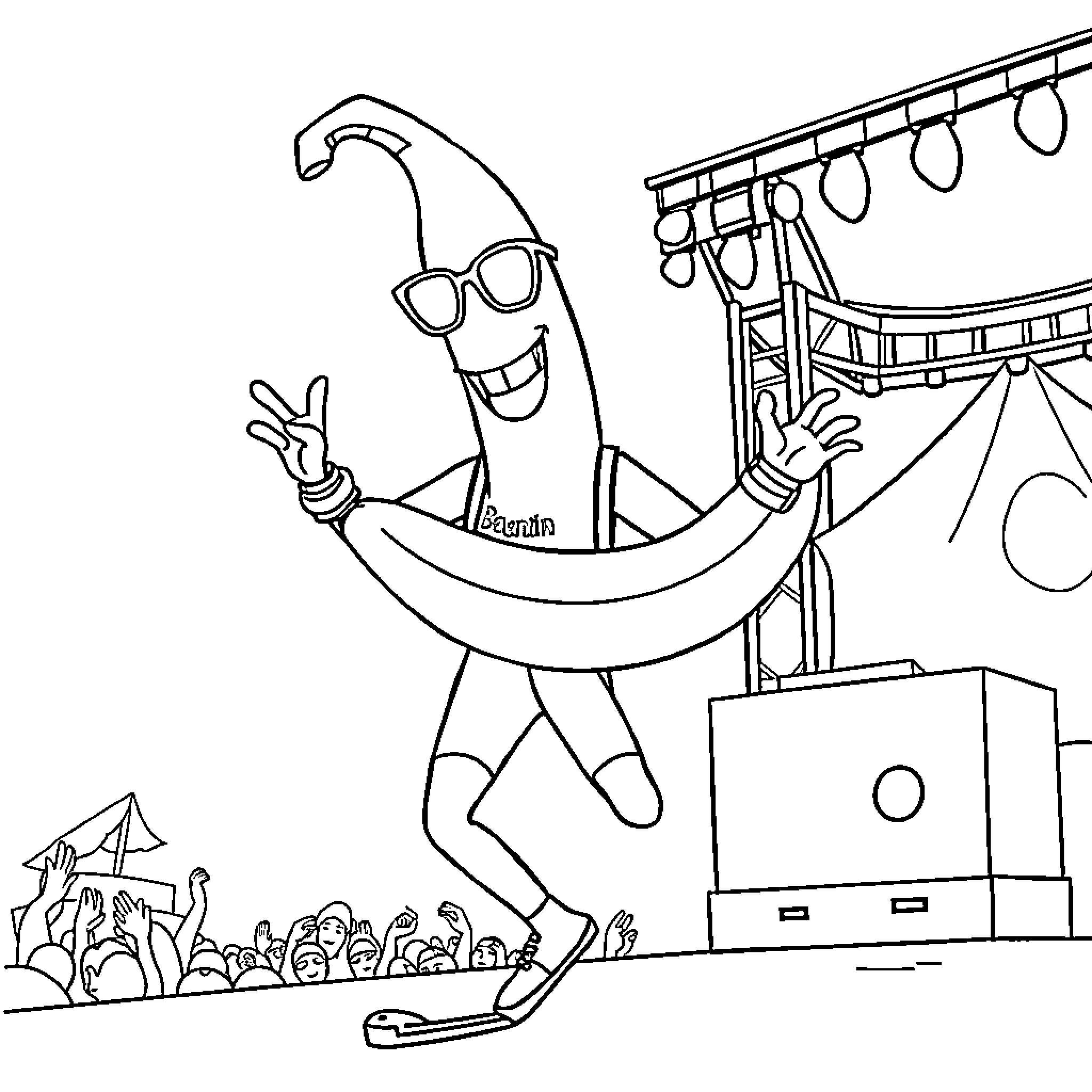 Banana character entertaining crowd with performance Coloring Page (free black-and-white line drawing printable PDF for all, from beginners to advanced learners, including children, teens, adults, and seniors)