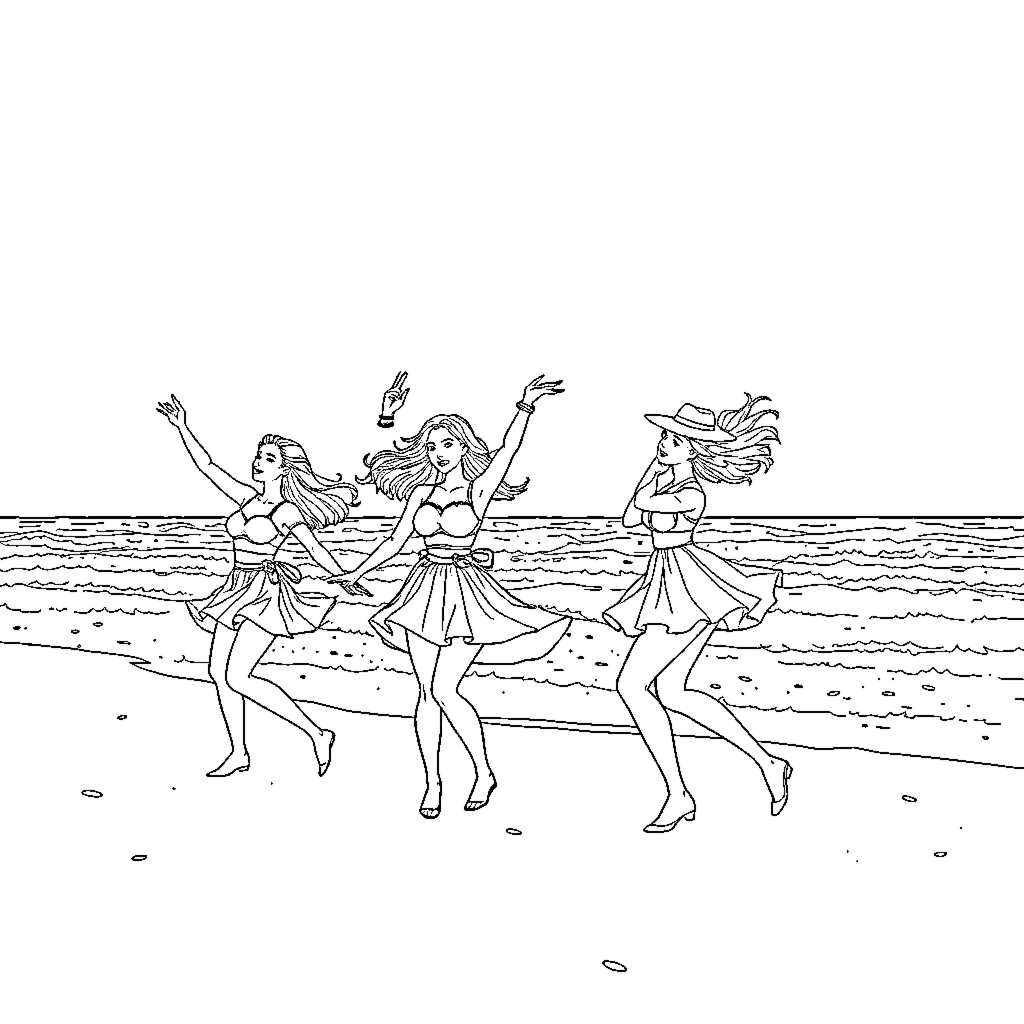 K-Pop Warriors Perform Lively Beach Dance Coloring Page (free black-and-white line drawing printable PDF for all, from beginners to advanced learners, including children, teens, adults, and seniors)