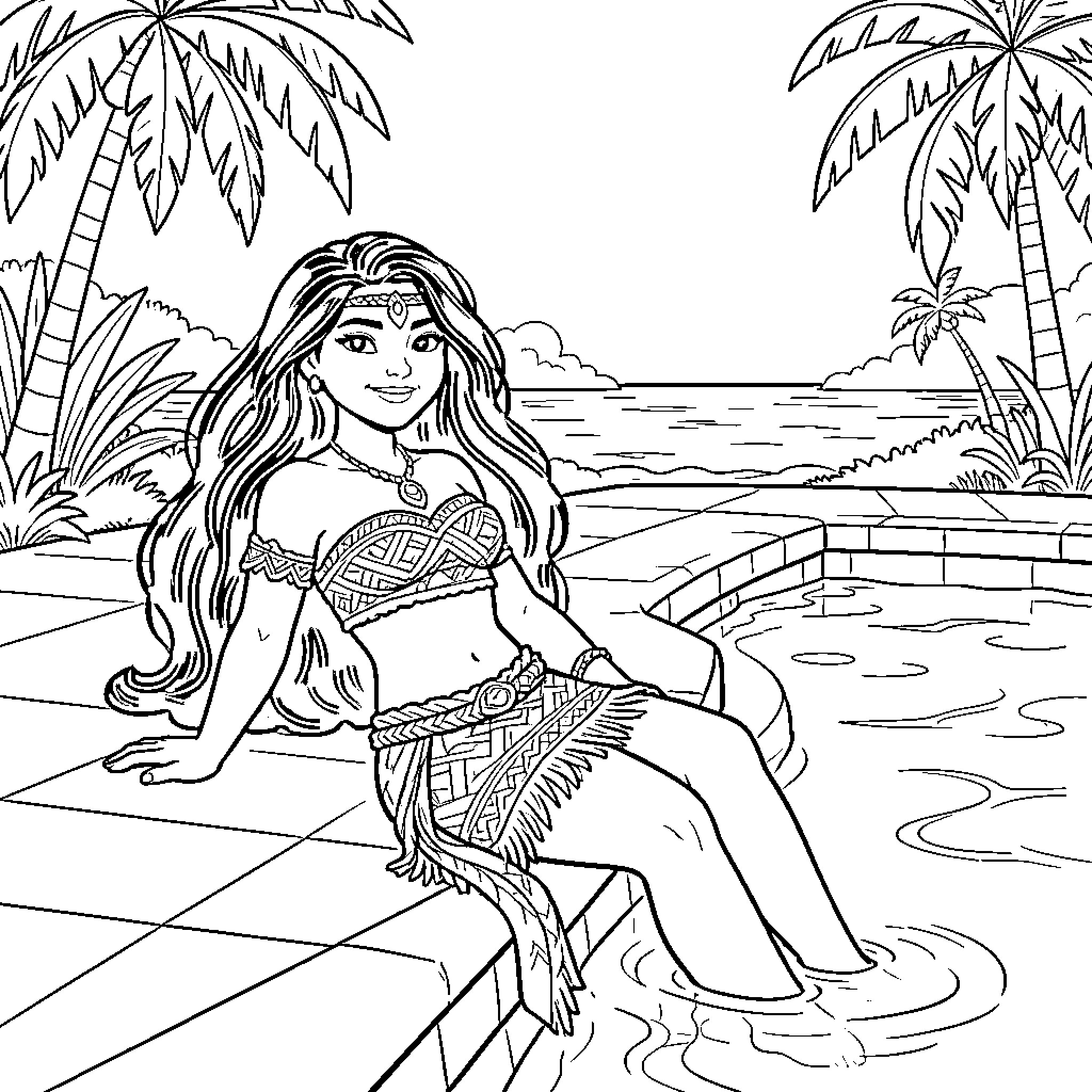 Moana sitting peacefully by the edge of a pool Coloring Page (free black-and-white line drawing printable PDF for all, from beginners to advanced learners, including children, teens, adults, and seniors)