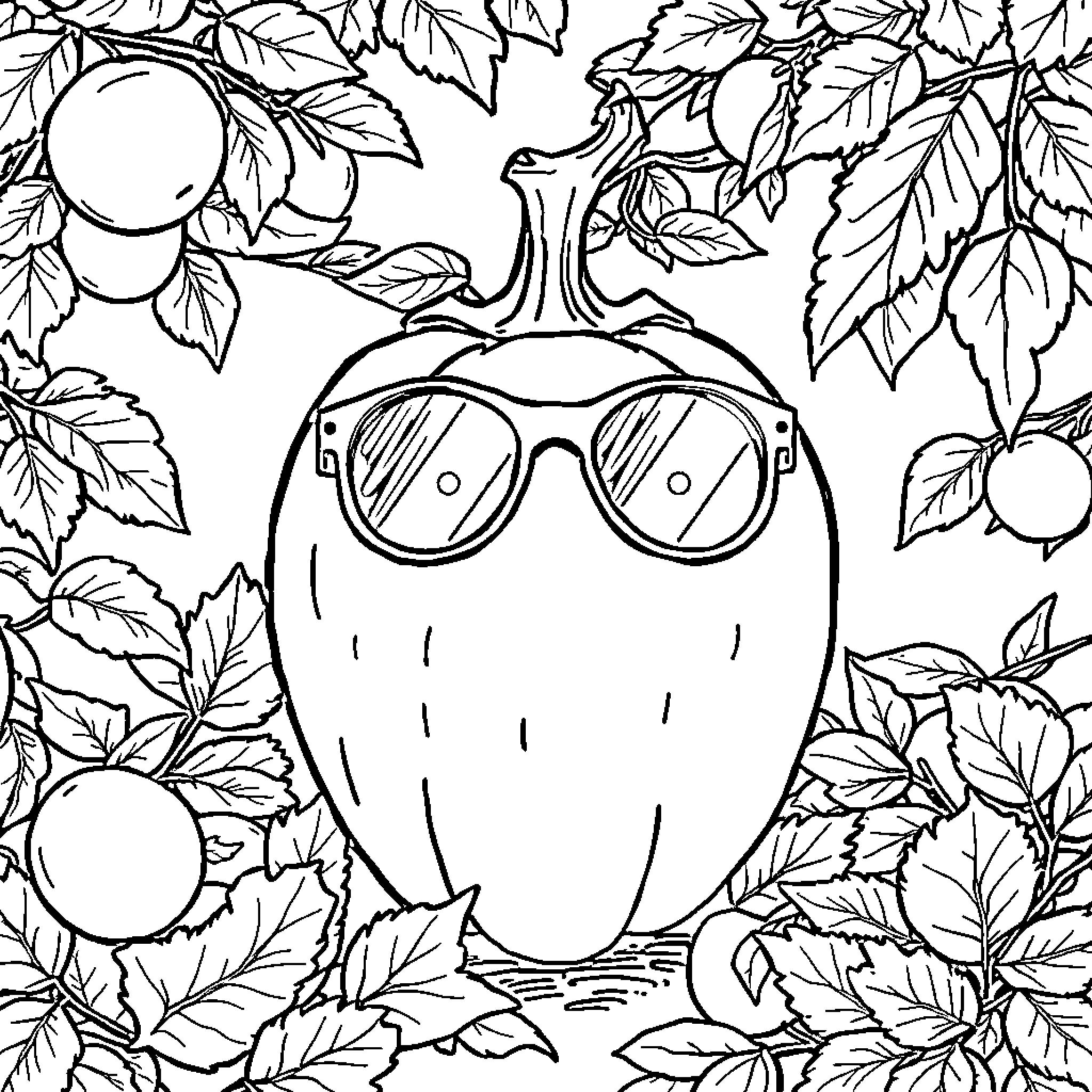 Carrot with Sunglasses in Leafy Garden Coloring Page (free black-and-white line drawing printable PDF for all, from beginners to advanced learners, including children, teens, adults, and seniors)