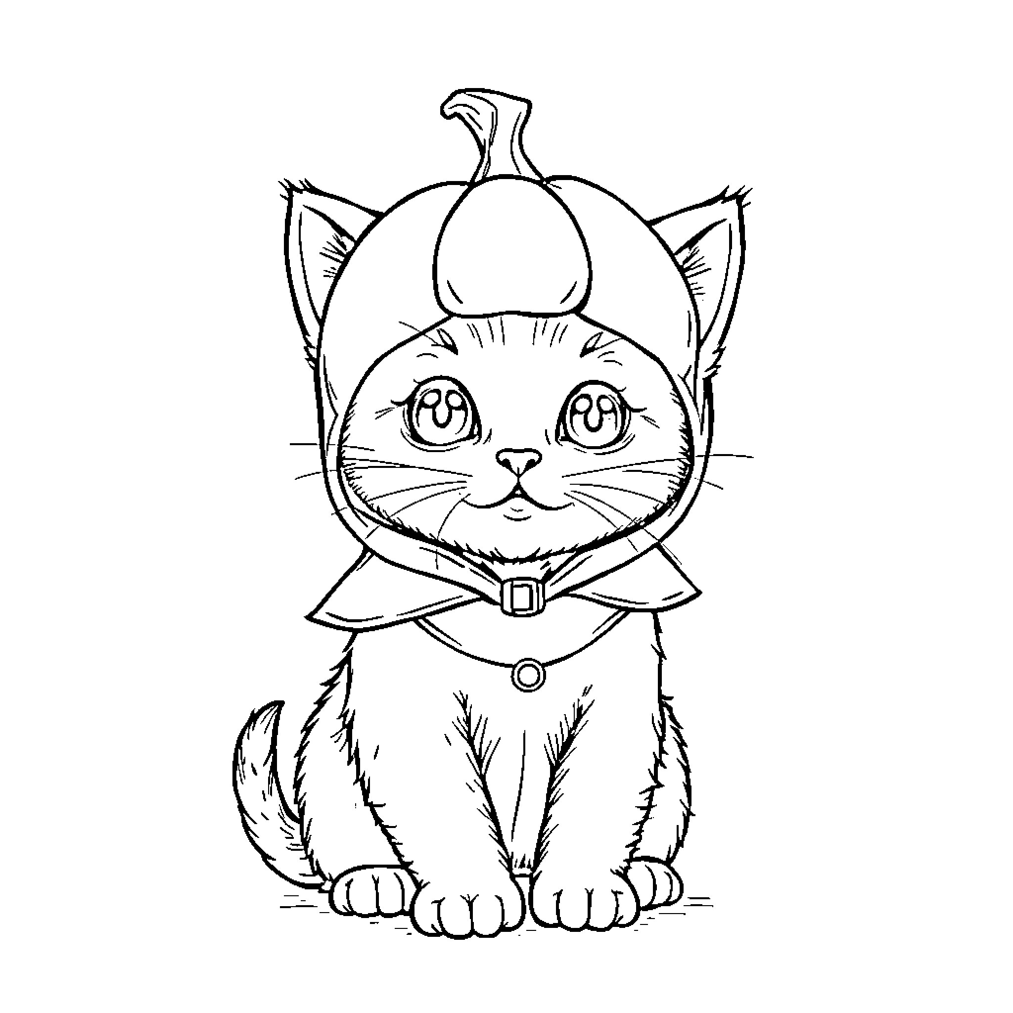Kitten wearing a pumpkin hat Coloring Page (free black-and-white line drawing printable PDF for all, from beginners to advanced learners, including children, teens, adults, and seniors)