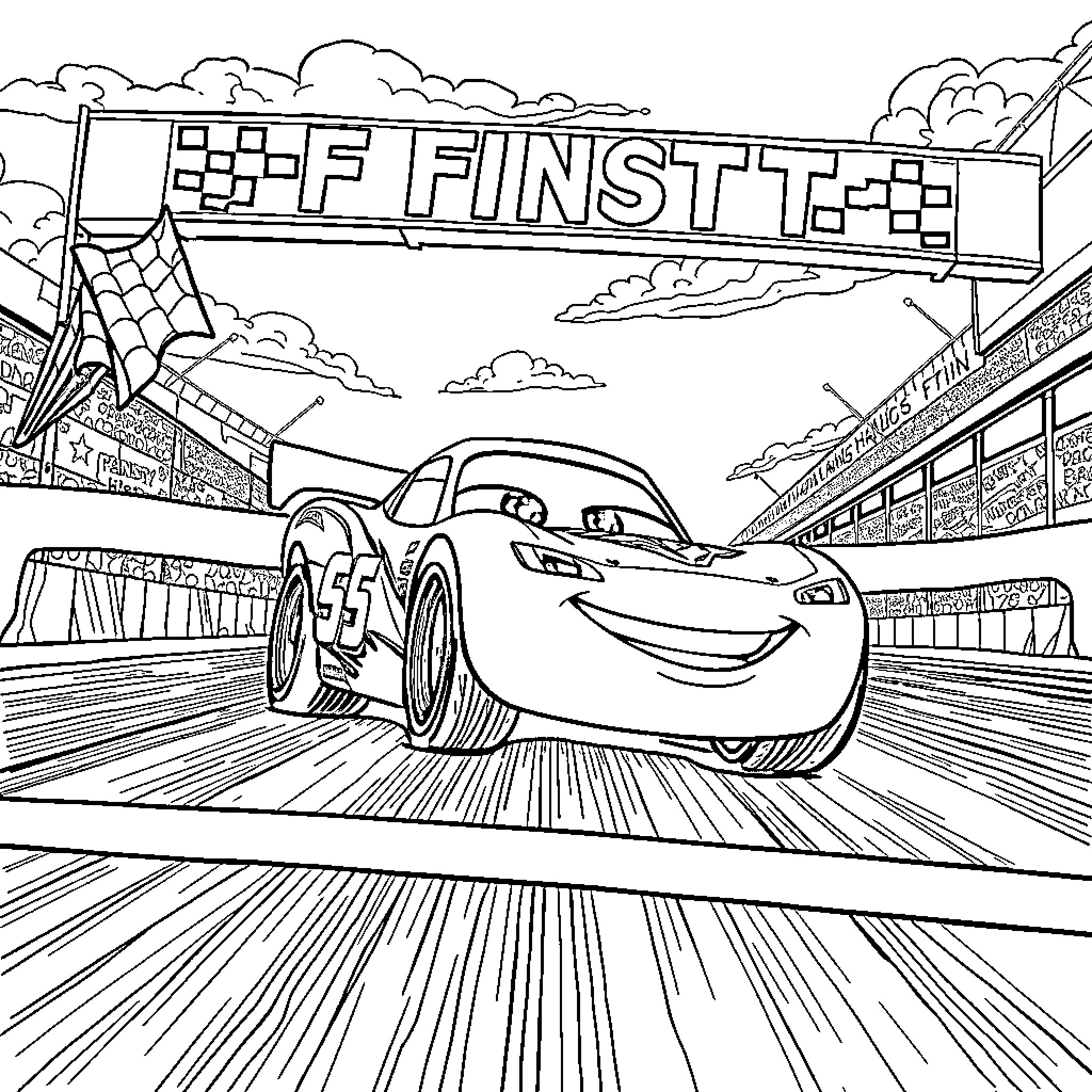 Lightning McQueen racing on the track Coloring Page (free black-and-white line drawing printable PDF for all, from beginners to advanced learners, including children, teens, adults, and seniors)
