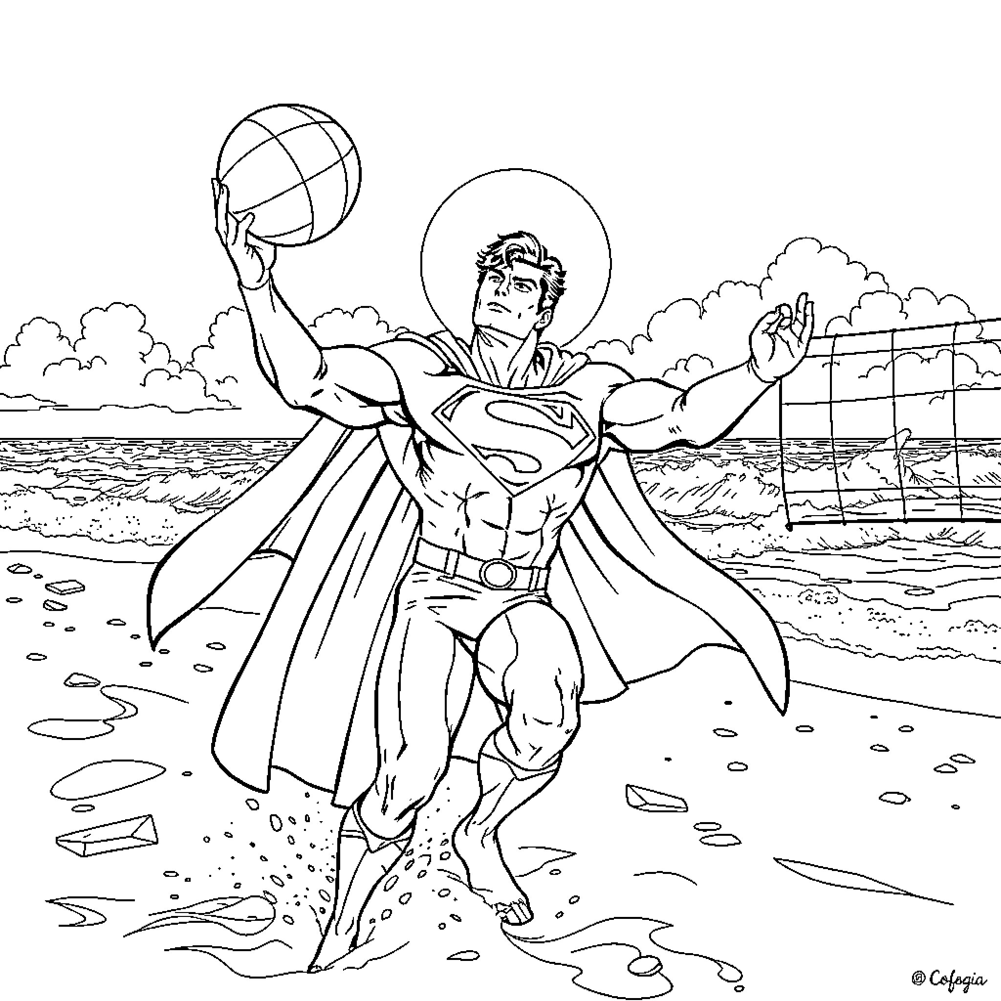 Superman saves the day with heroic actions Coloring Page (free black-and-white line drawing printable PDF for all, from beginners to advanced learners, including children, teens, adults, and seniors)