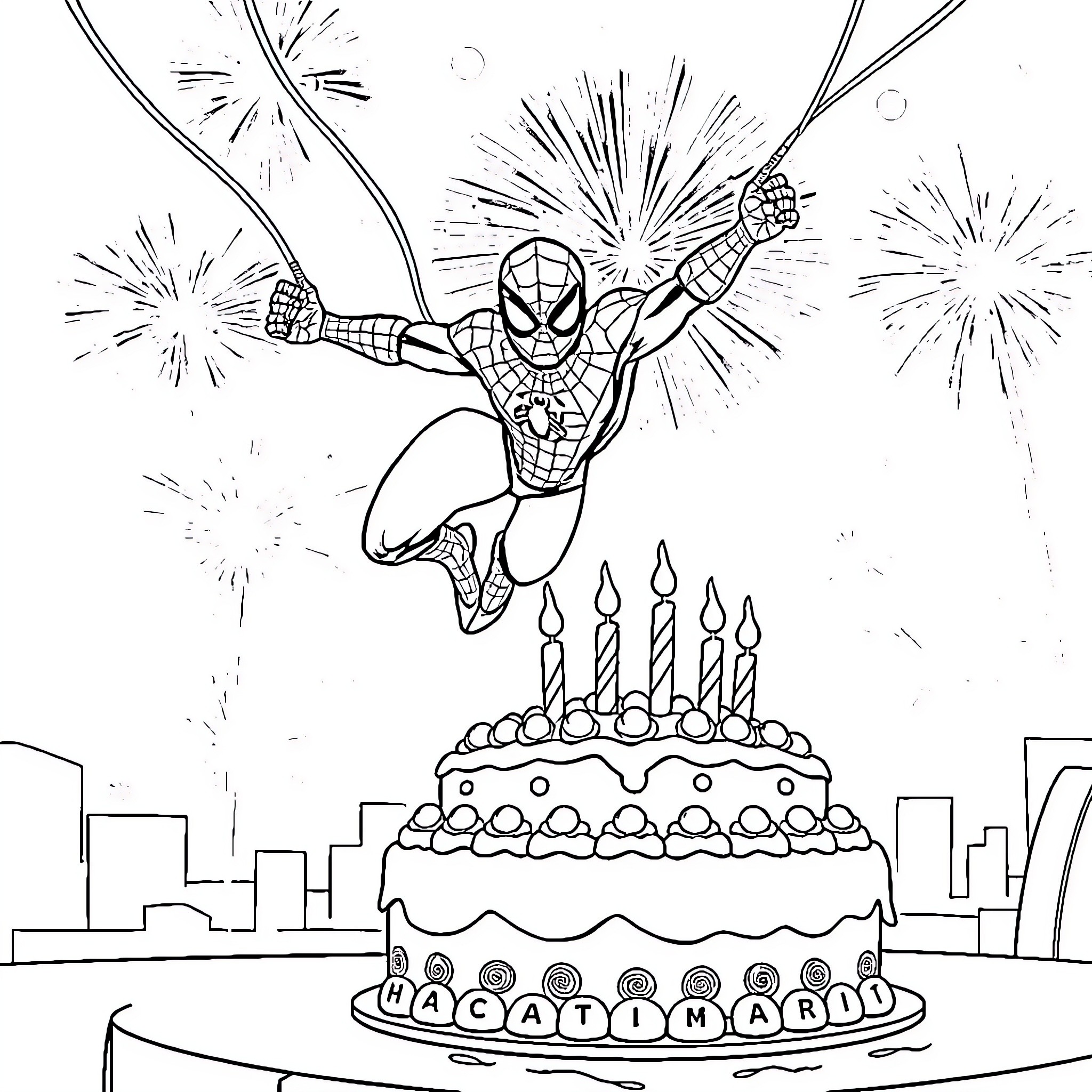 Spiderman celebrating with a birthday cake and fireworks Coloring Page (free black-and-white line drawing printable PDF for all, from beginners to advanced learners, including children, teens, adults, and seniors)