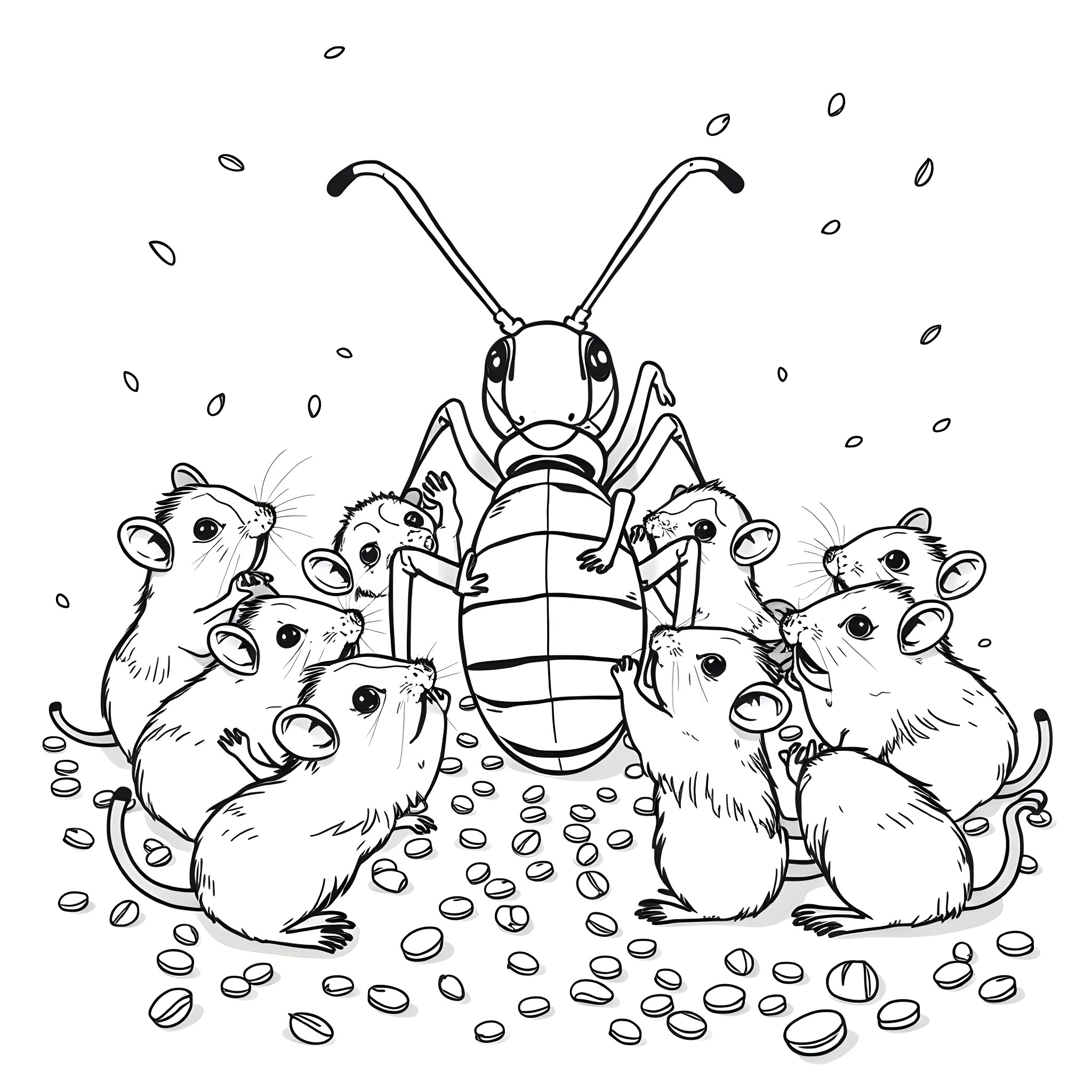 Gerbils exploring a giant beetle Coloring Page (free black-and-white line drawing printable PDF for all, from beginners to advanced learners, including children, teens, adults, and seniors)