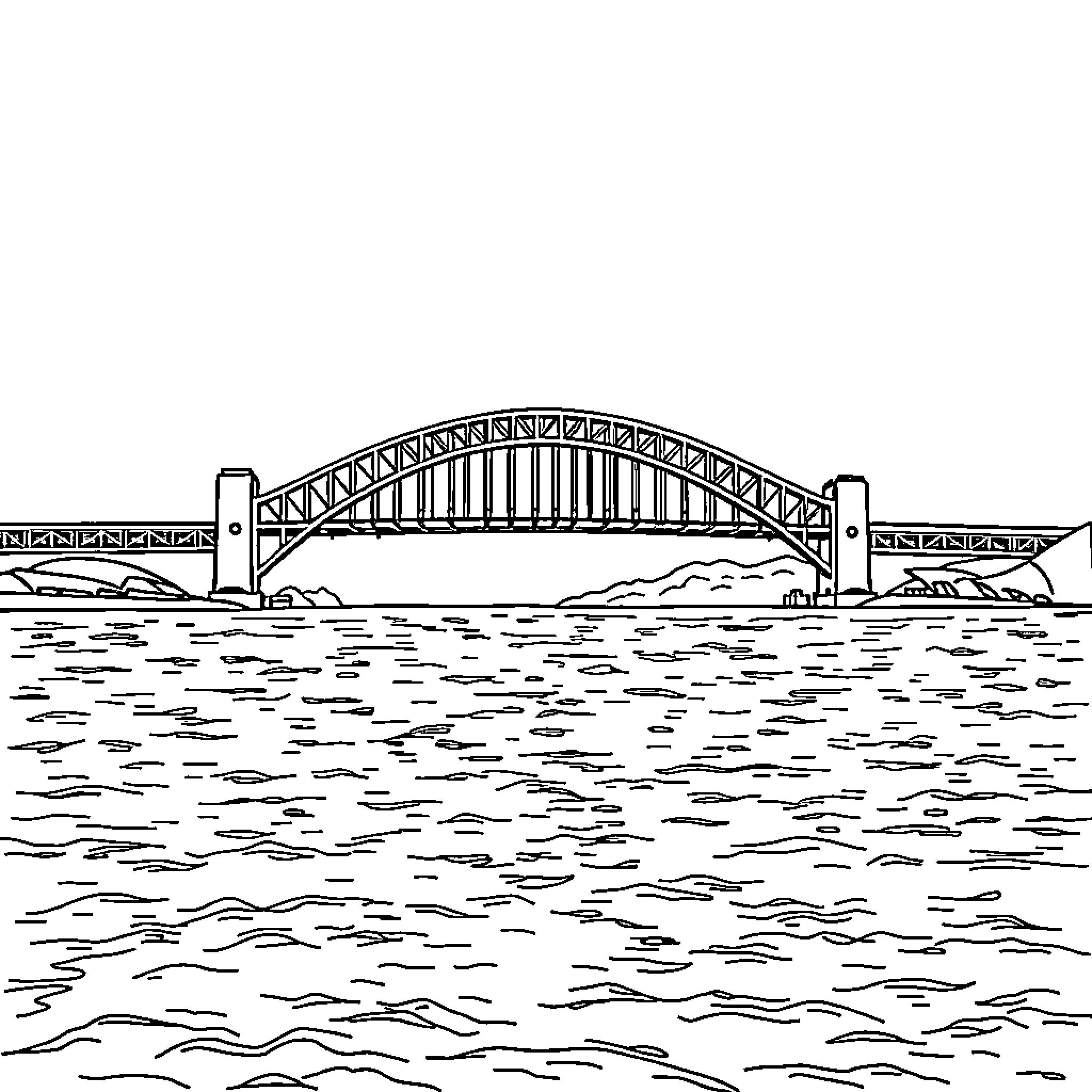 Bridge over calm waterway Coloring Page (free black-and-white line drawing printable PDF for all, from beginners to advanced learners, including children, teens, adults, and seniors)