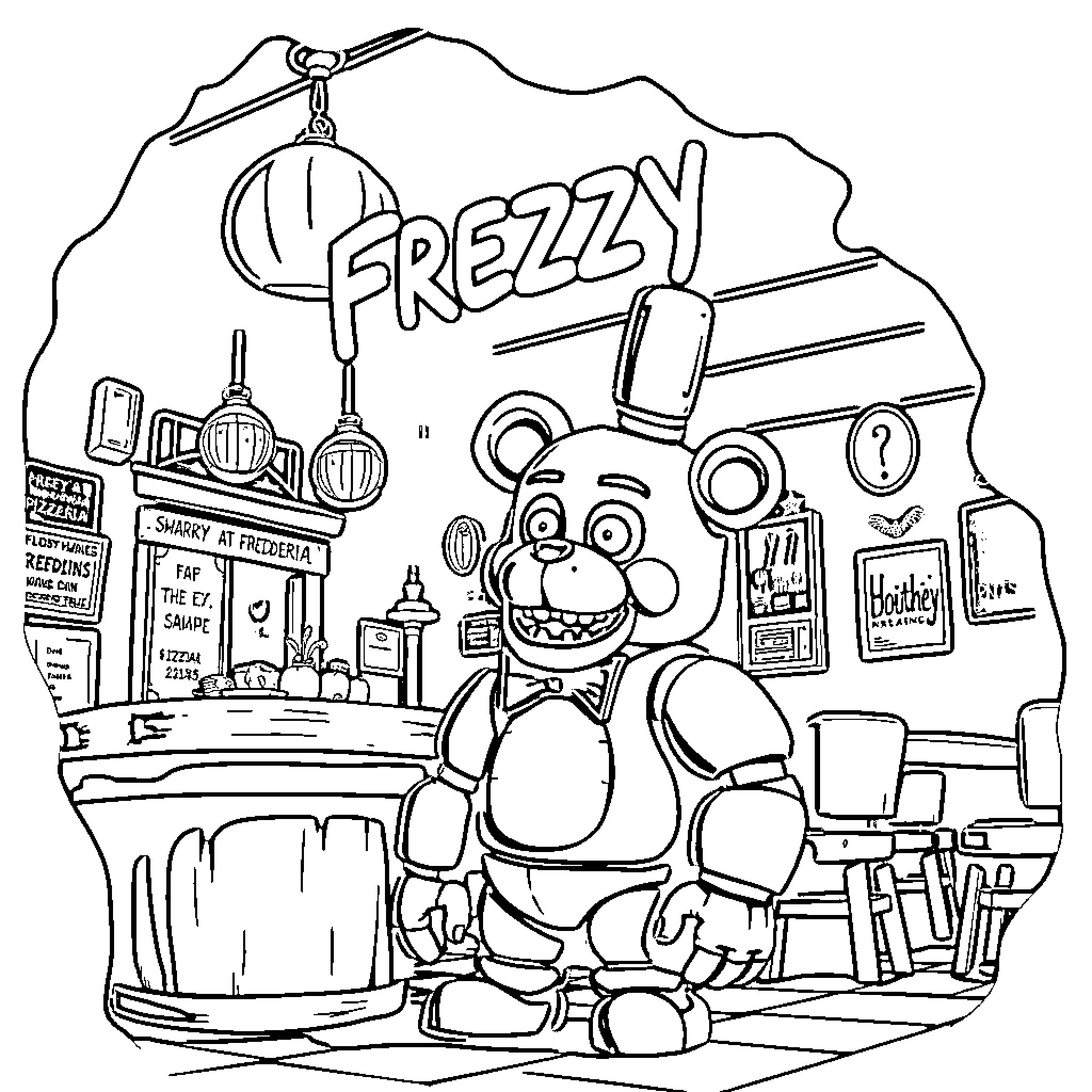 Freddy's Frenzy at the Pizzeria Coloring Page (free black-and-white line drawing printable PDF for all, from beginners to advanced learners, including children, teens, adults, and seniors)