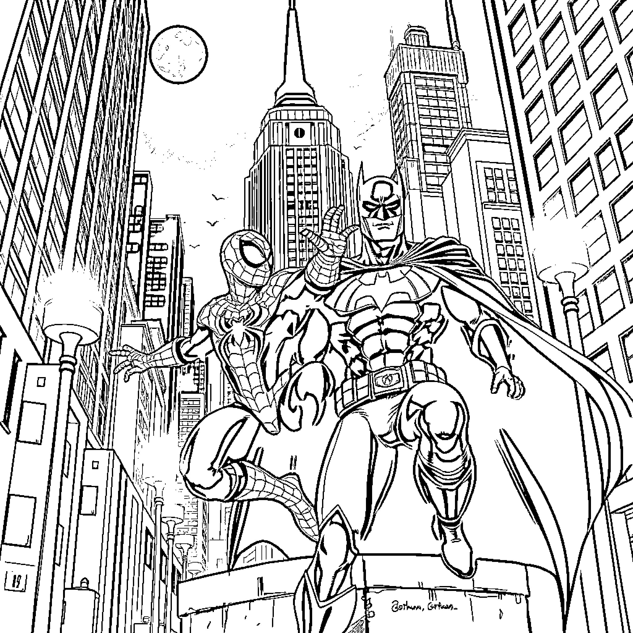 Superhero duo protecting the city skyline Coloring Page (free black-and-white line drawing printable PDF for all, from beginners to advanced learners, including children, teens, adults, and seniors)