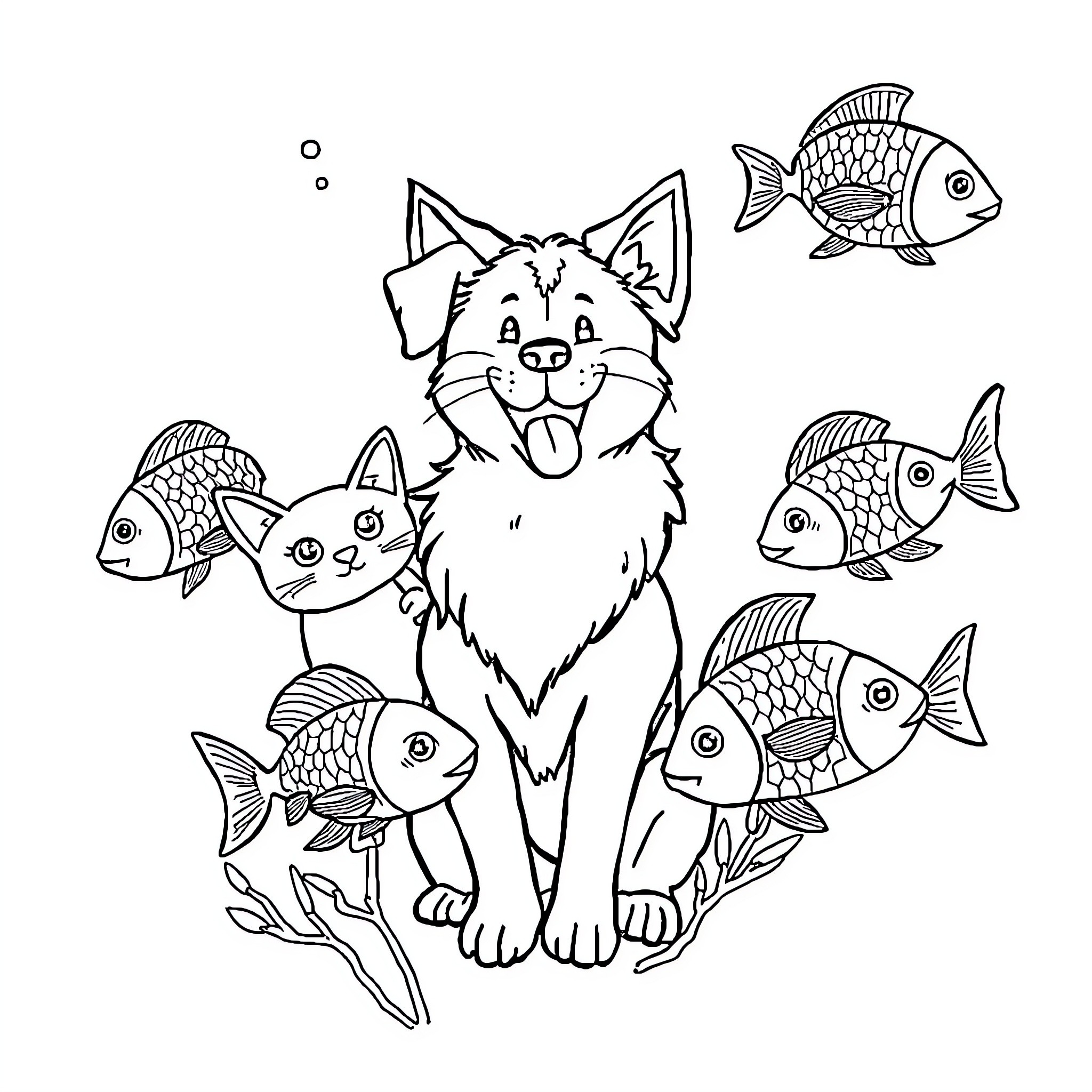 Chat with Playful Pets and Aquatic Friends Coloring Page (free black-and-white line drawing printable PDF for all, from beginners to advanced learners, including children, teens, adults, and seniors)