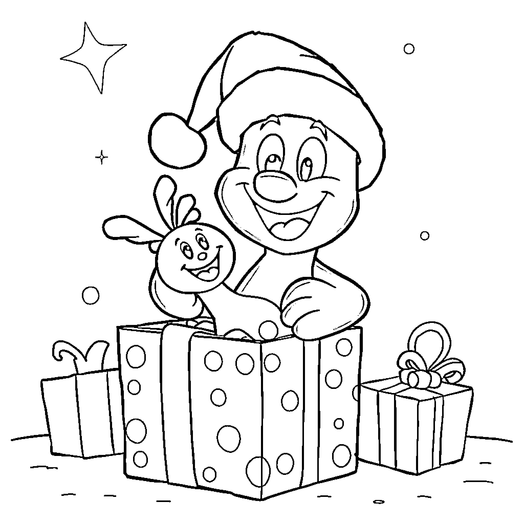 Bluey and friends celebrating with gifts and joy Coloring Page (free black-and-white line drawing printable PDF for all, from beginners to advanced learners, including children, teens, adults, and seniors)
