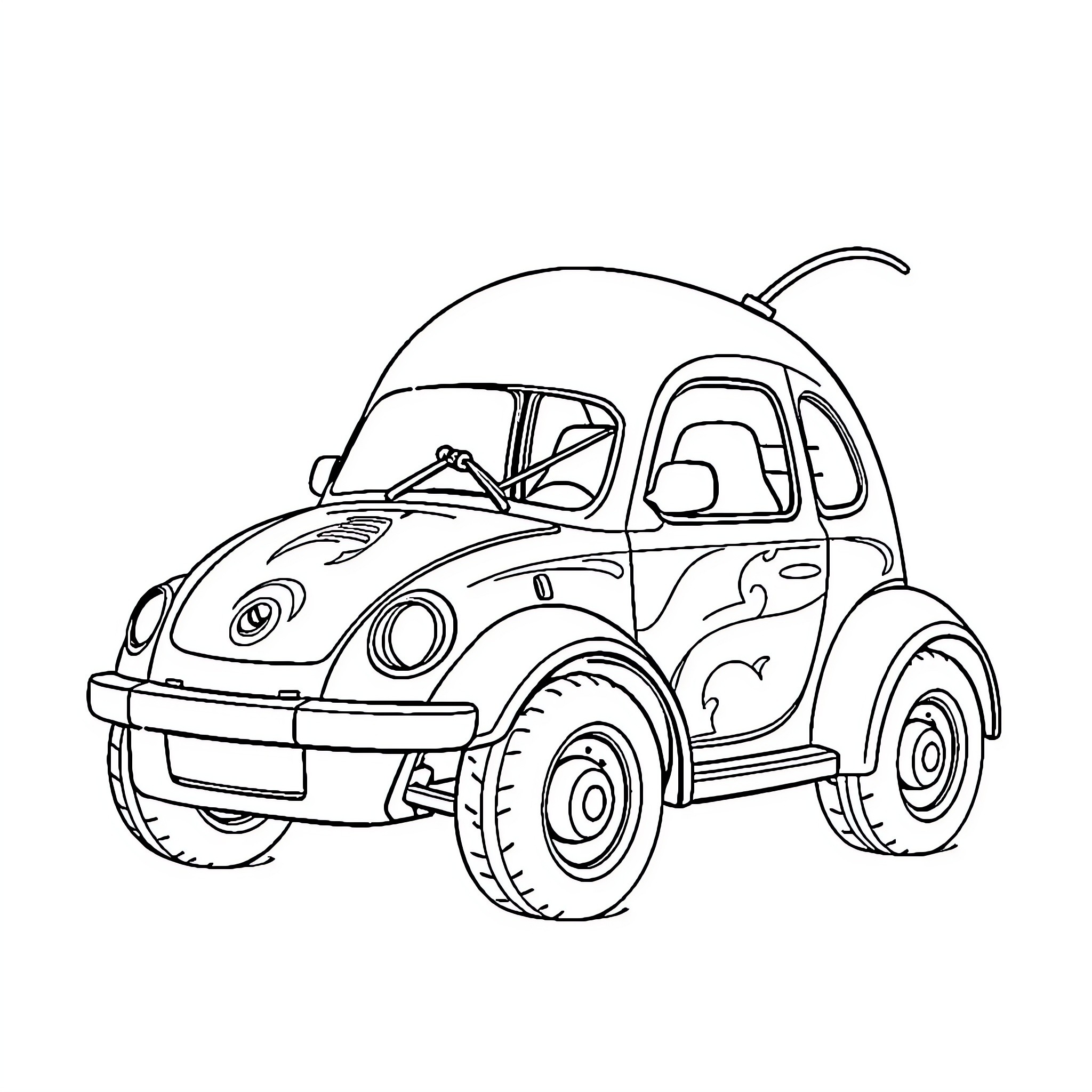 Car with a cartoonish design Coloring Page (free black-and-white line drawing printable PDF for all, from beginners to advanced learners, including children, teens, adults, and seniors)