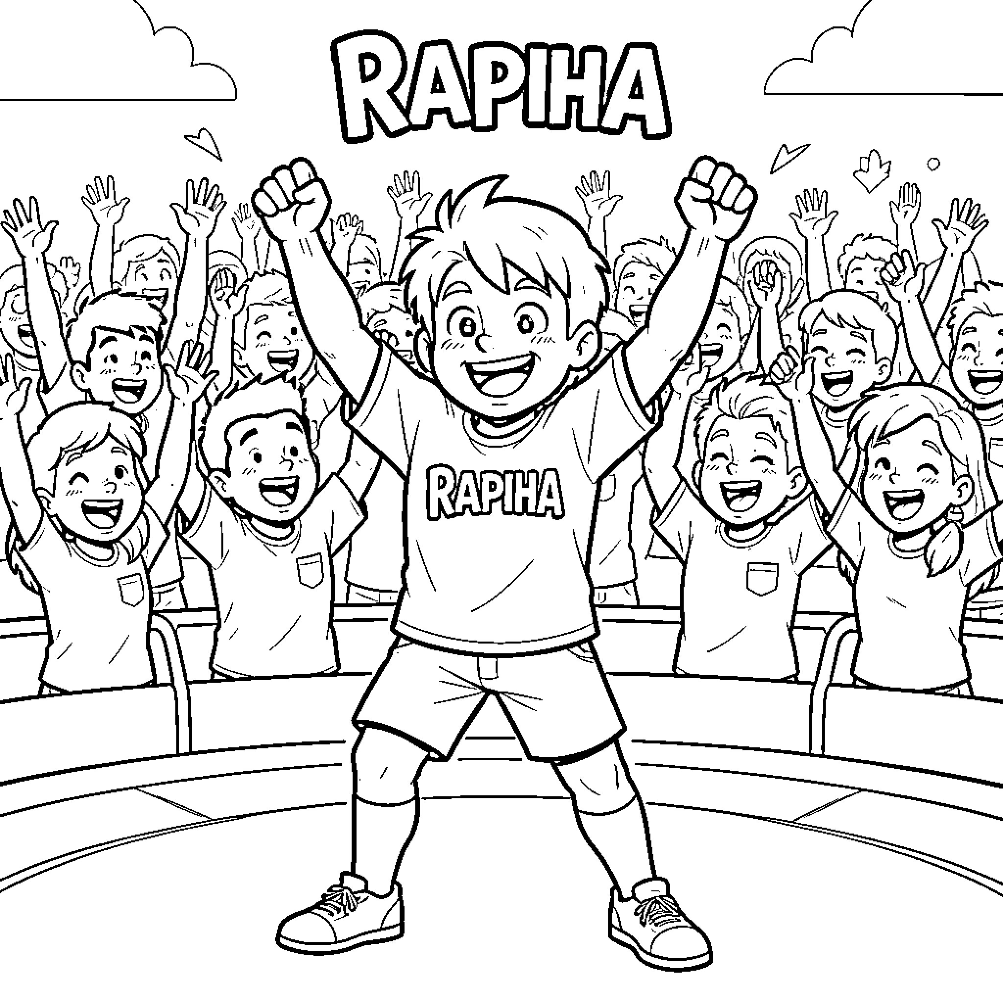 Rapiha happy children cheering with raised arms Coloring Page (free black-and-white line drawing printable PDF for all, from beginners to advanced learners, including children, teens, adults, and seniors)