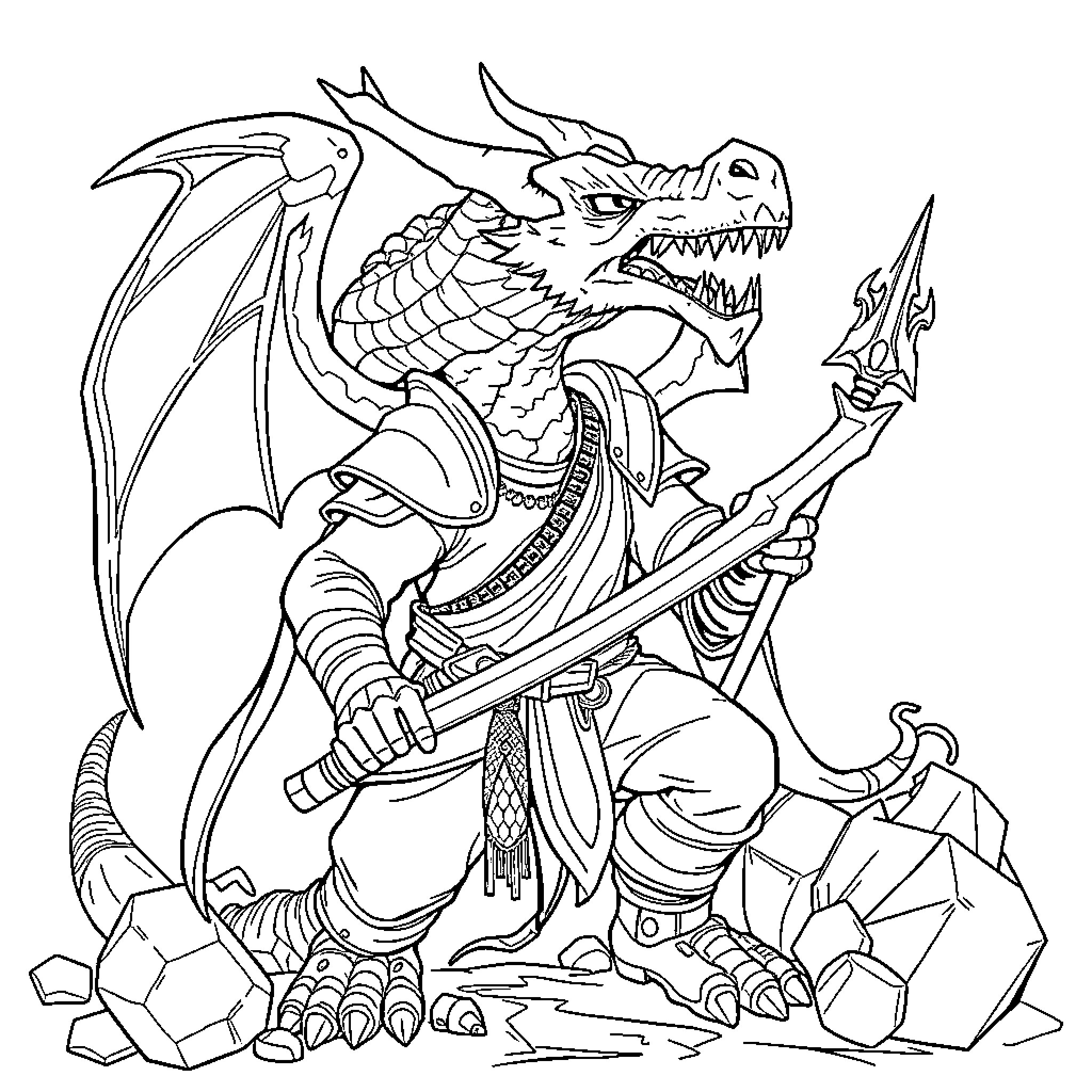 Youtuber's Imaginative Dragon Warrior Illustration Coloring Page (free black-and-white line drawing printable PDF for all, from beginners to advanced learners, including children, teens, adults, and seniors)