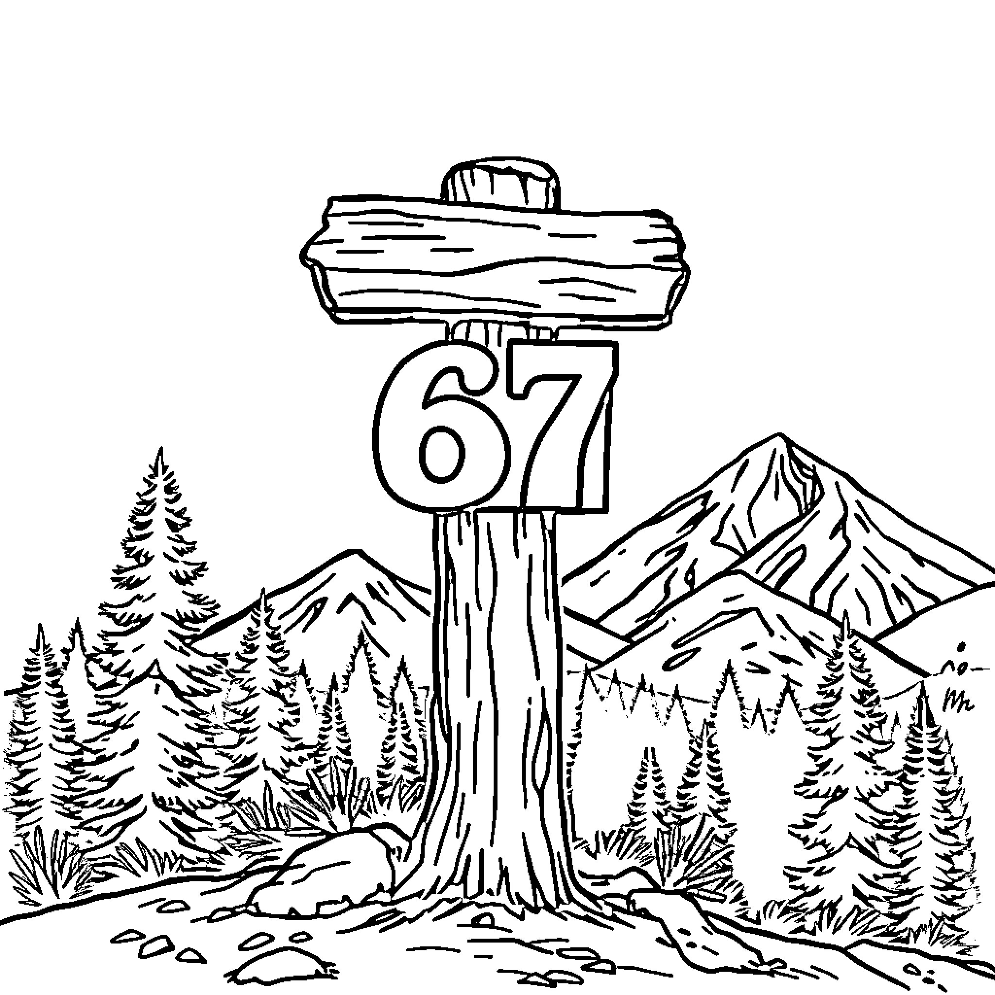 Number 67: Hiking Trail Marker in the Mountains Coloring Page (free black-and-white line drawing printable PDF for all, from beginners to advanced learners, including children, teens, adults, and seniors)