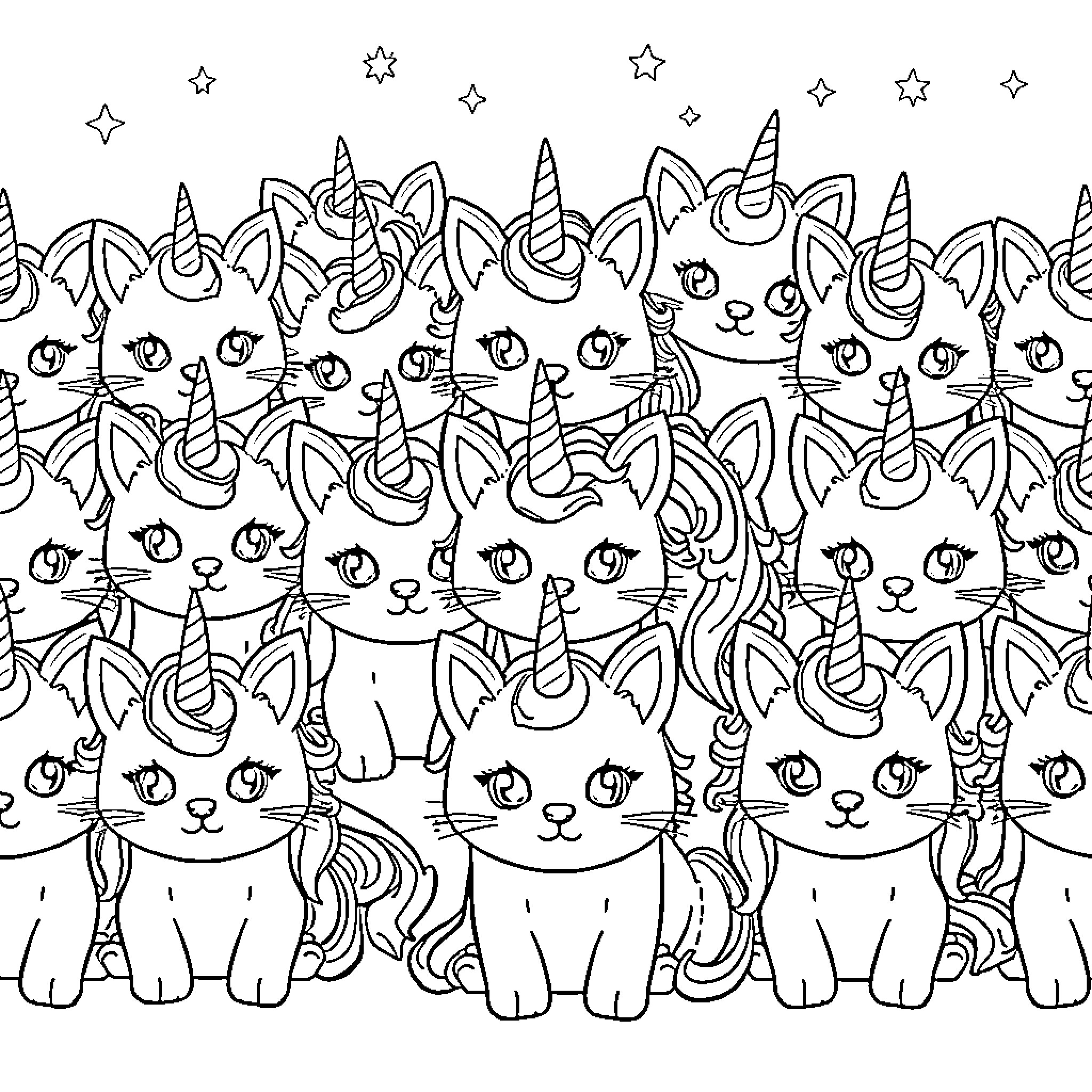 Unicorn Kitty frolicking in a magical field Coloring Page (free black-and-white line drawing printable PDF for all, from beginners to advanced learners, including children, teens, adults, and seniors)