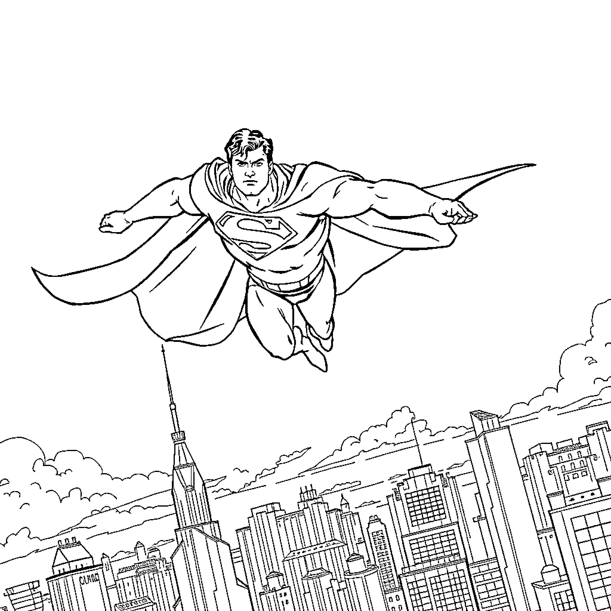 Superman soaring over the city skyline Coloring Page (free black-and-white line drawing printable PDF for all, from beginners to advanced learners, including children, teens, adults, and seniors)