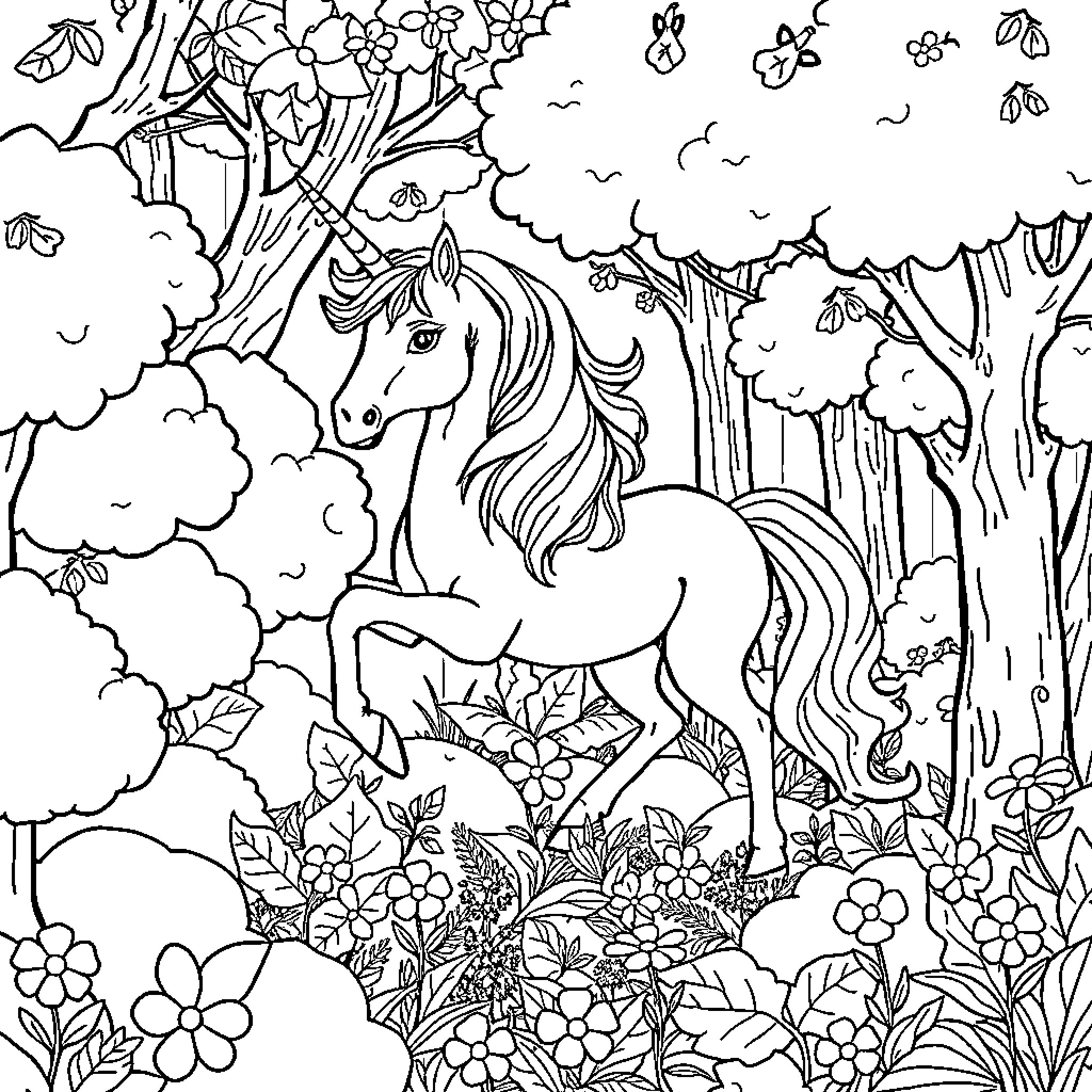 Unicorn in a Magical Forest Coloring Page (free black-and-white line drawing printable PDF for all, from beginners to advanced learners, including children, teens, adults, and seniors)