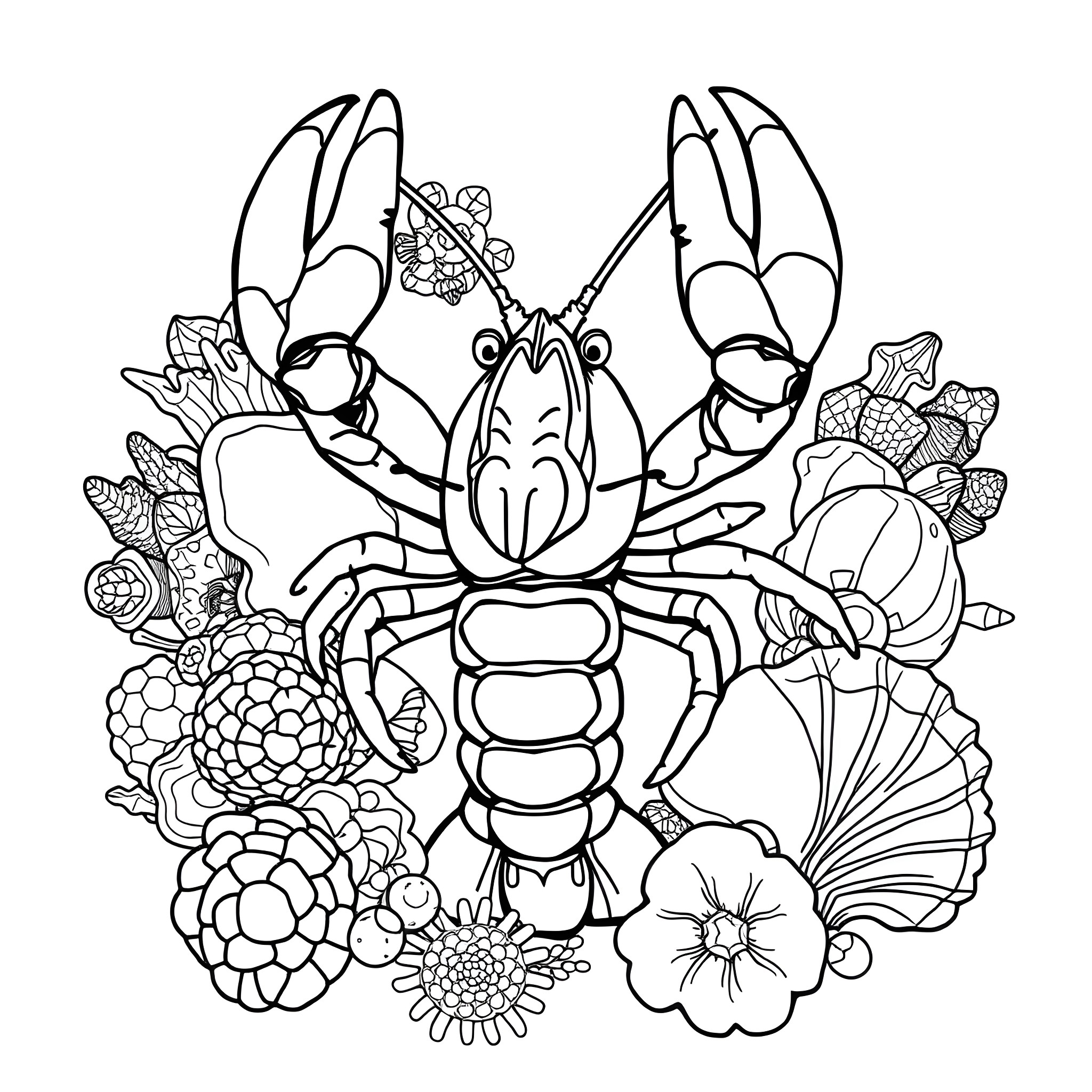 Lobster surrounded by colorful marine life Coloring Page (free black-and-white line drawing printable PDF for all, from beginners to advanced learners, including children, teens, adults, and seniors)
