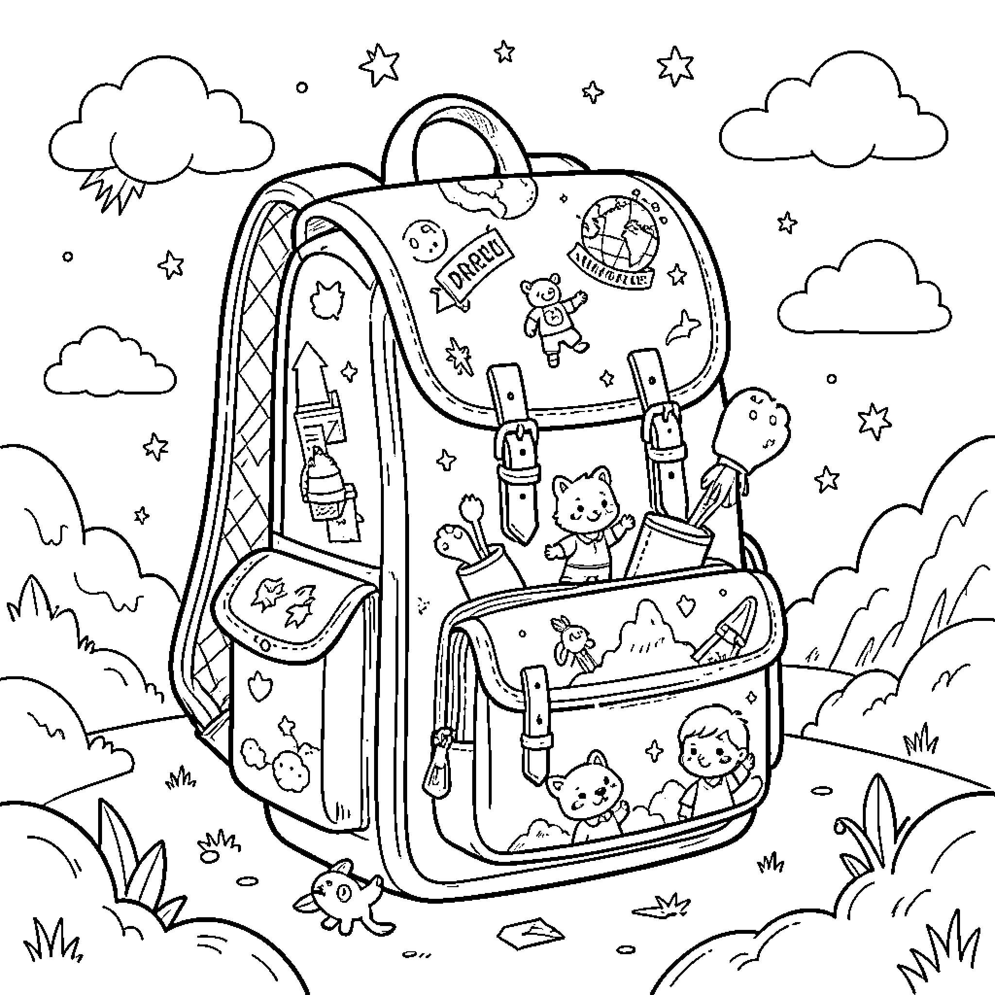 Schoolbag filled with cute characters in a whimsical landscape Coloring Page (free black-and-white line drawing printable PDF for all, from beginners to advanced learners, including children, teens, adults, and seniors)