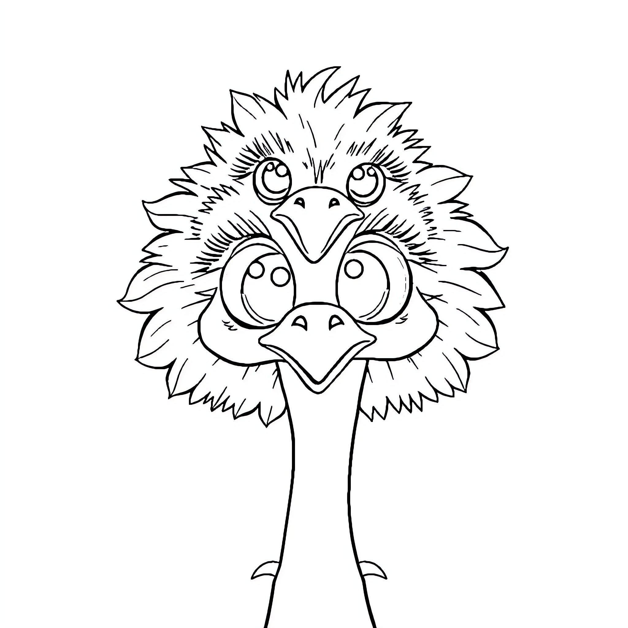 Ostrich with comical expression Coloring Page (free black-and-white line drawing printable PDF for all, from beginners to advanced learners, including children, teens, adults, and seniors)