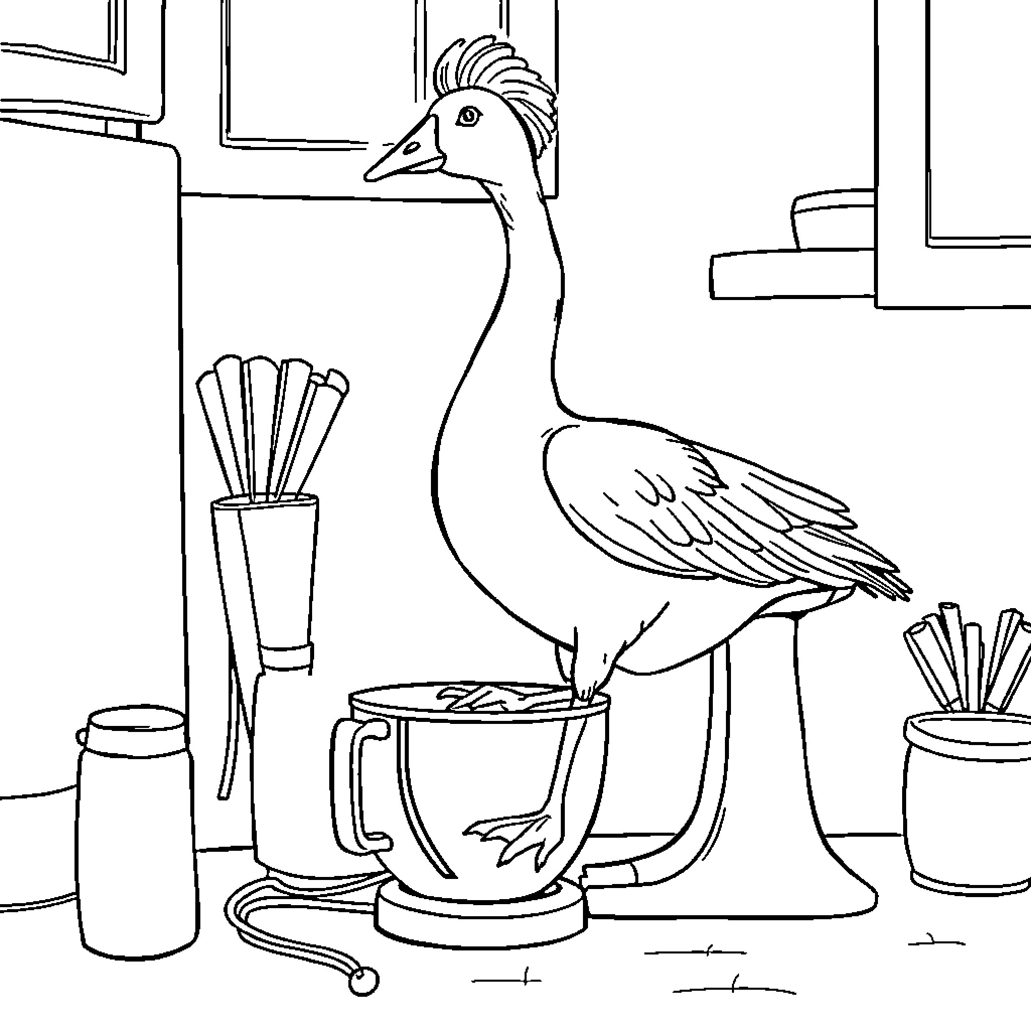 Goose exploring household objects Coloring Page (free black-and-white line drawing printable PDF for all, from beginners to advanced learners, including children, teens, adults, and seniors)