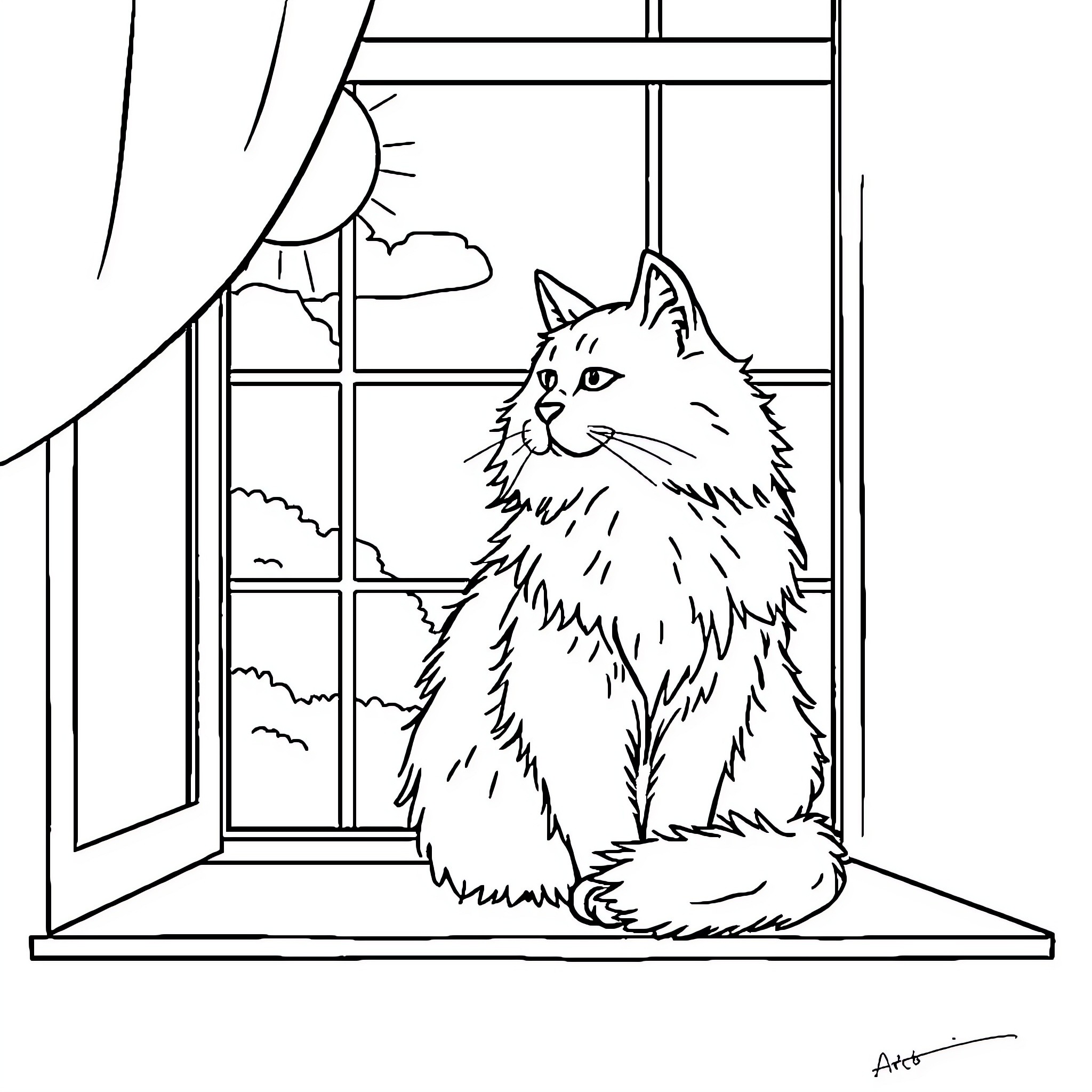 Cat gazing out of the window Coloring Page (free black-and-white line drawing printable PDF for all, from beginners to advanced learners, including children, teens, adults, and seniors)