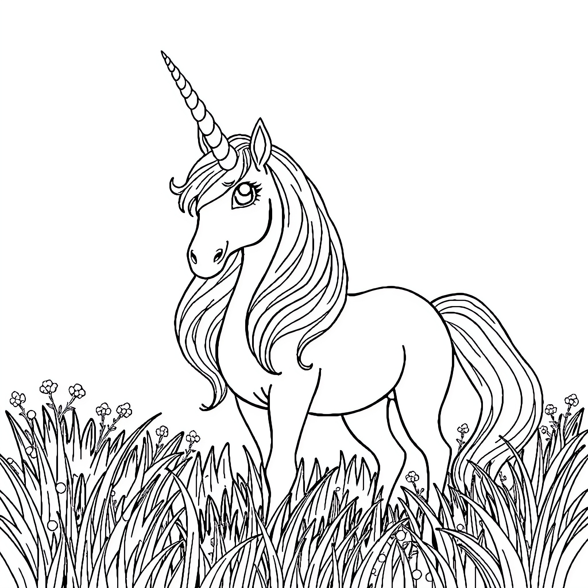 Unicorn standing proudly in a grassy field Coloring Page (free black-and-white line drawing printable PDF for all, from beginners to advanced learners, including children, teens, adults, and seniors)