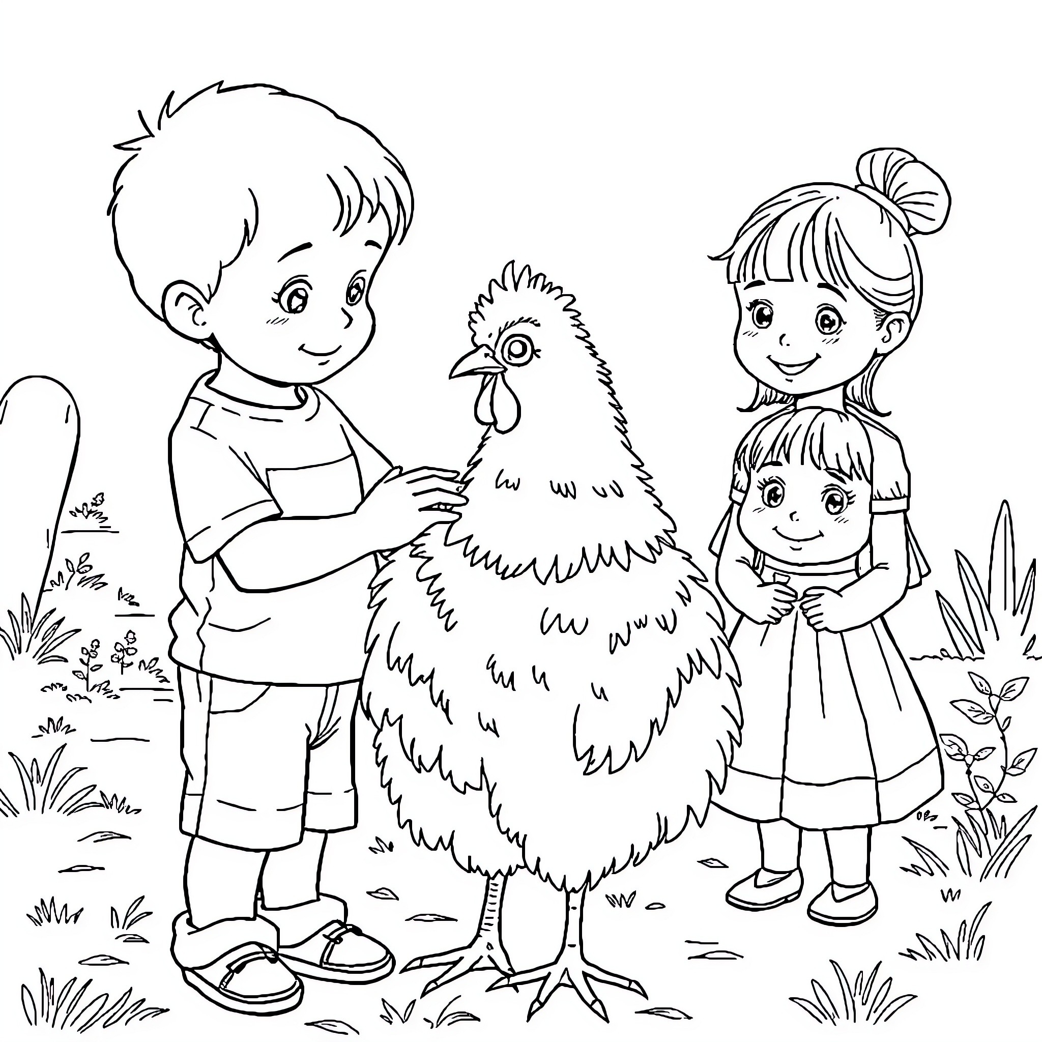 Boy and Girl Playing with Chicken on Farm Coloring Page (free black-and-white line drawing printable PDF for all, from beginners to advanced learners, including children, teens, adults, and seniors)