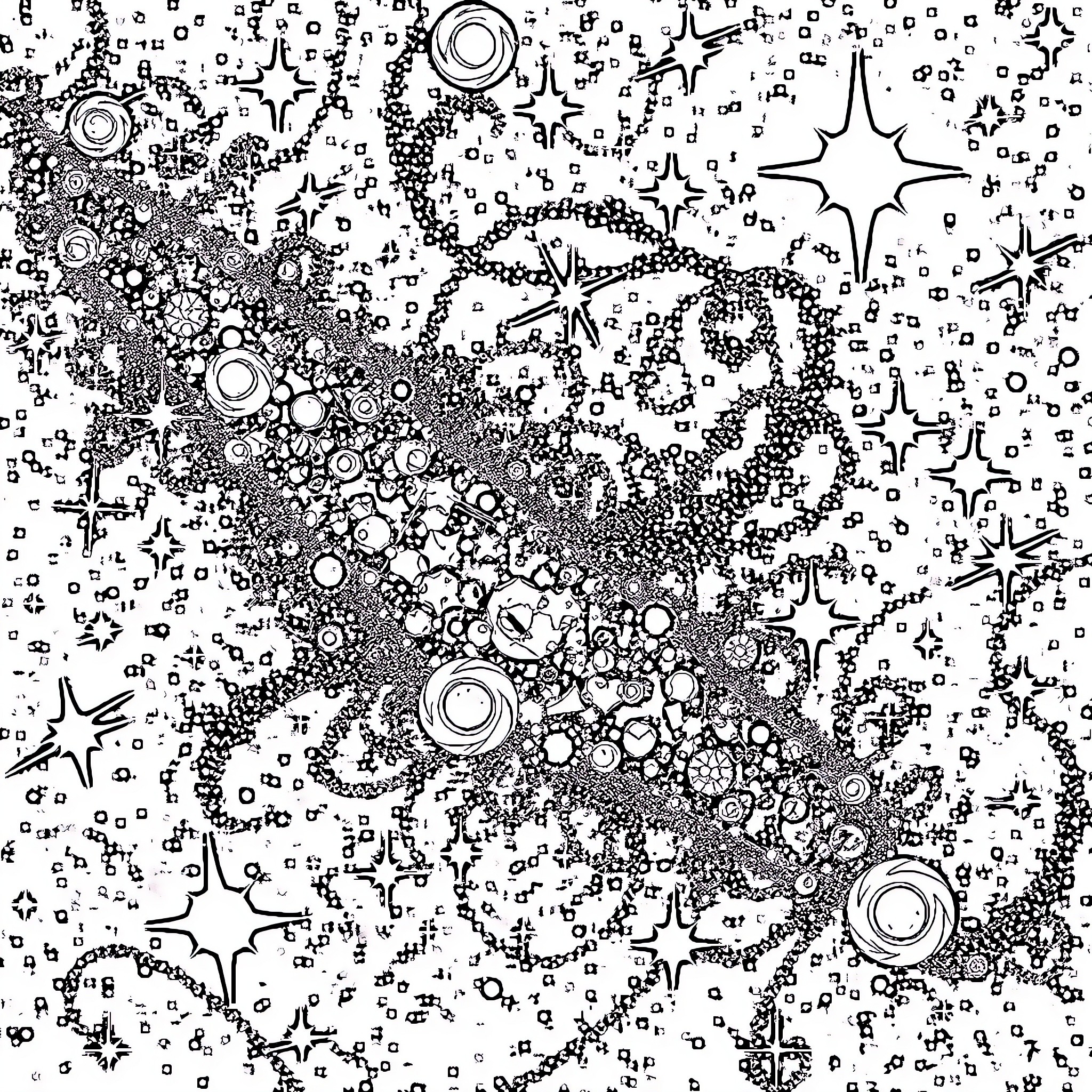 Space Exploration in the Cosmic Realm Coloring Page (free black-and-white line drawing printable PDF for all, from beginners to advanced learners, including children, teens, adults, and seniors)