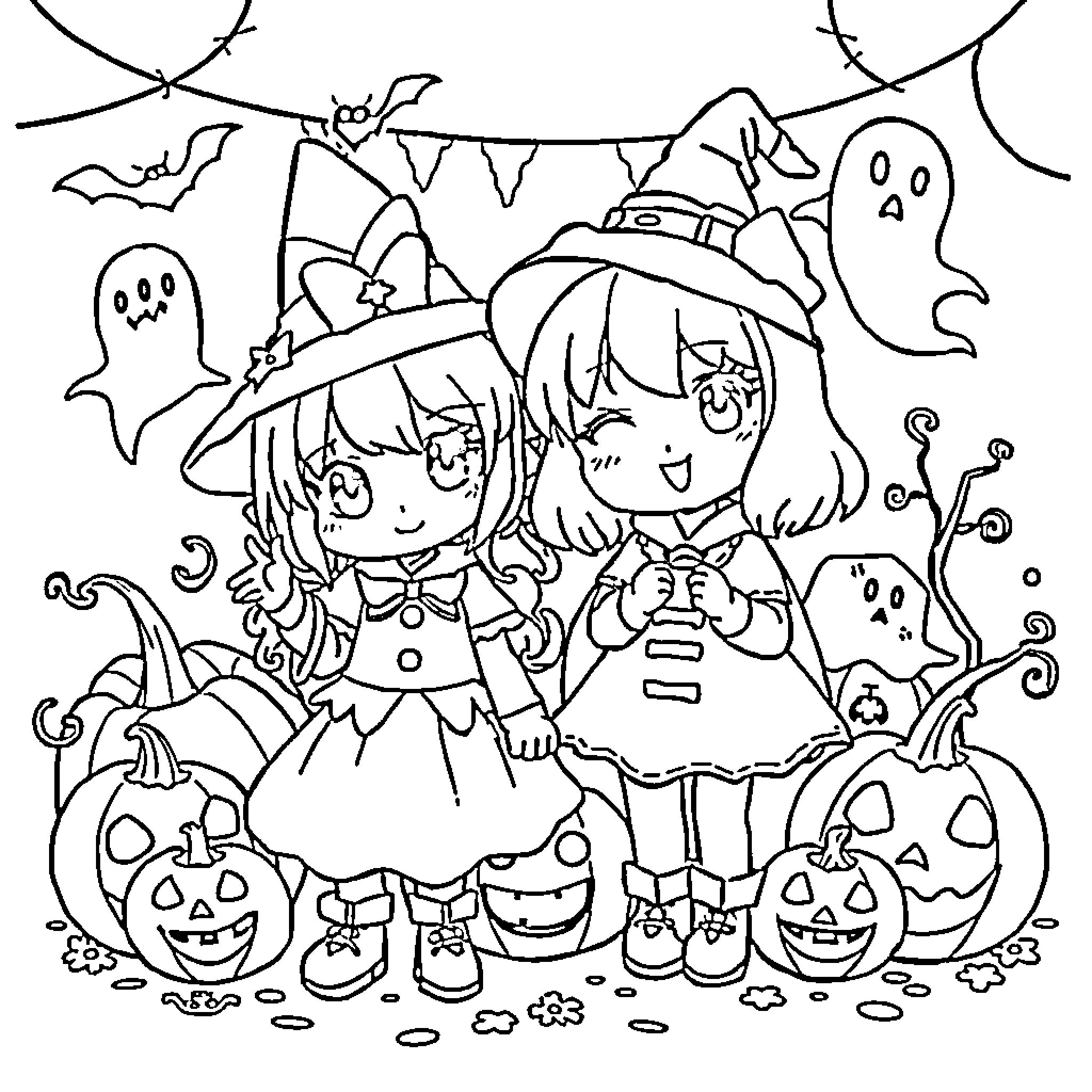 Kuromi and Friends Celebrate Halloween with Costumes and Spooky Decor Coloring Page (free black-and-white line drawing printable PDF for all, from beginners to advanced learners, including children, teens, adults, and seniors)