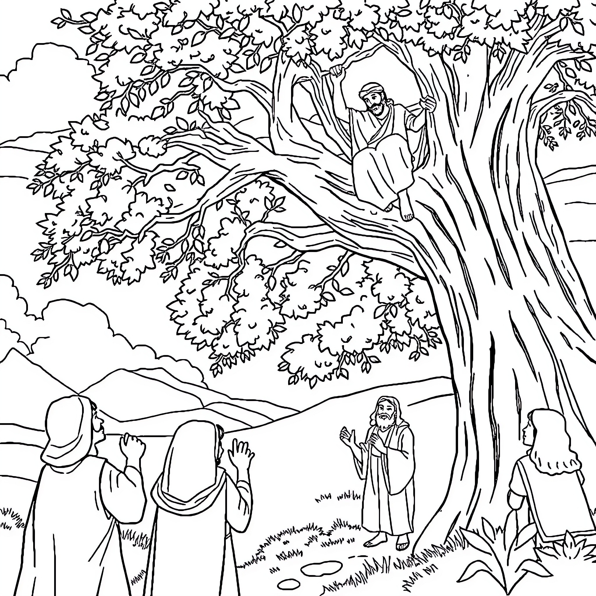 Zaqueo climbing a tree to see Jesus in the crowd Coloring Page (free black-and-white line drawing printable PDF for all, from beginners to advanced learners, including children, teens, adults, and seniors)