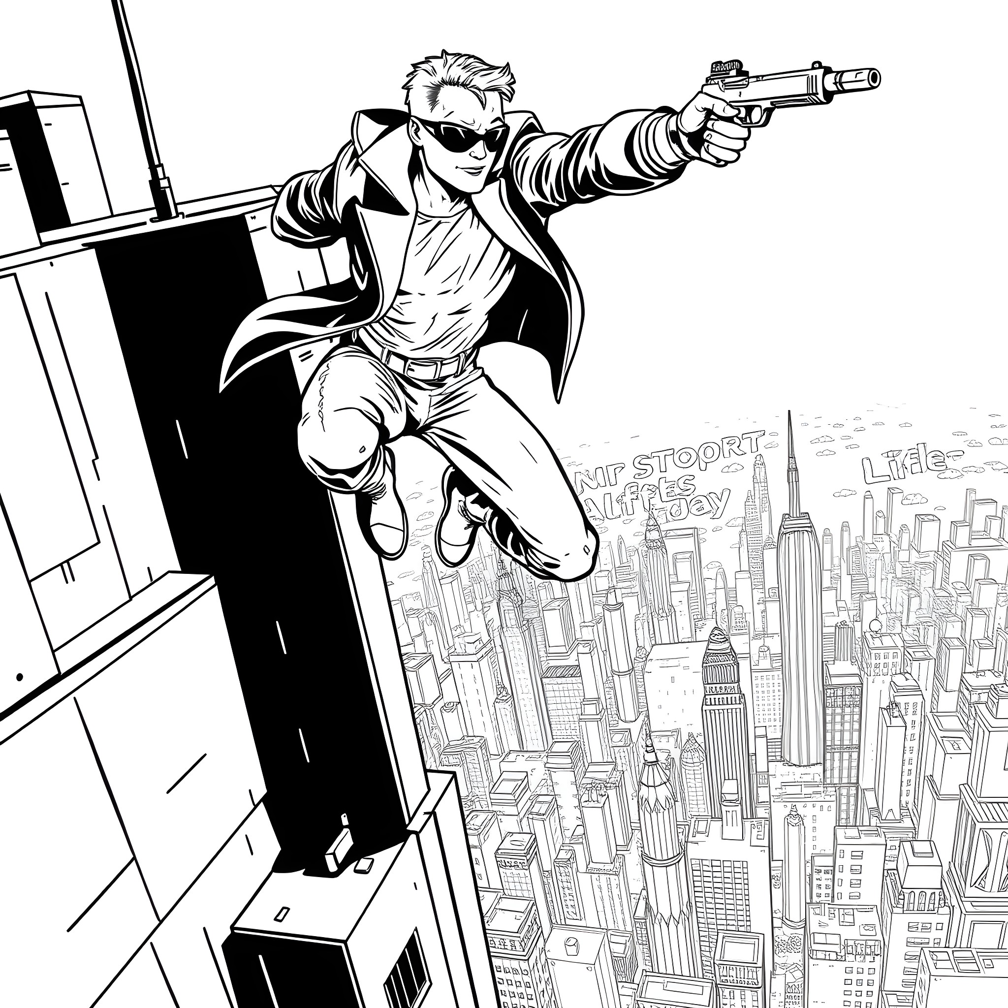 Brad Stabman jumps into action with gun drawn over cityscape Coloring Page (free black-and-white line drawing printable PDF for all, from beginners to advanced learners, including children, teens, adults, and seniors)
