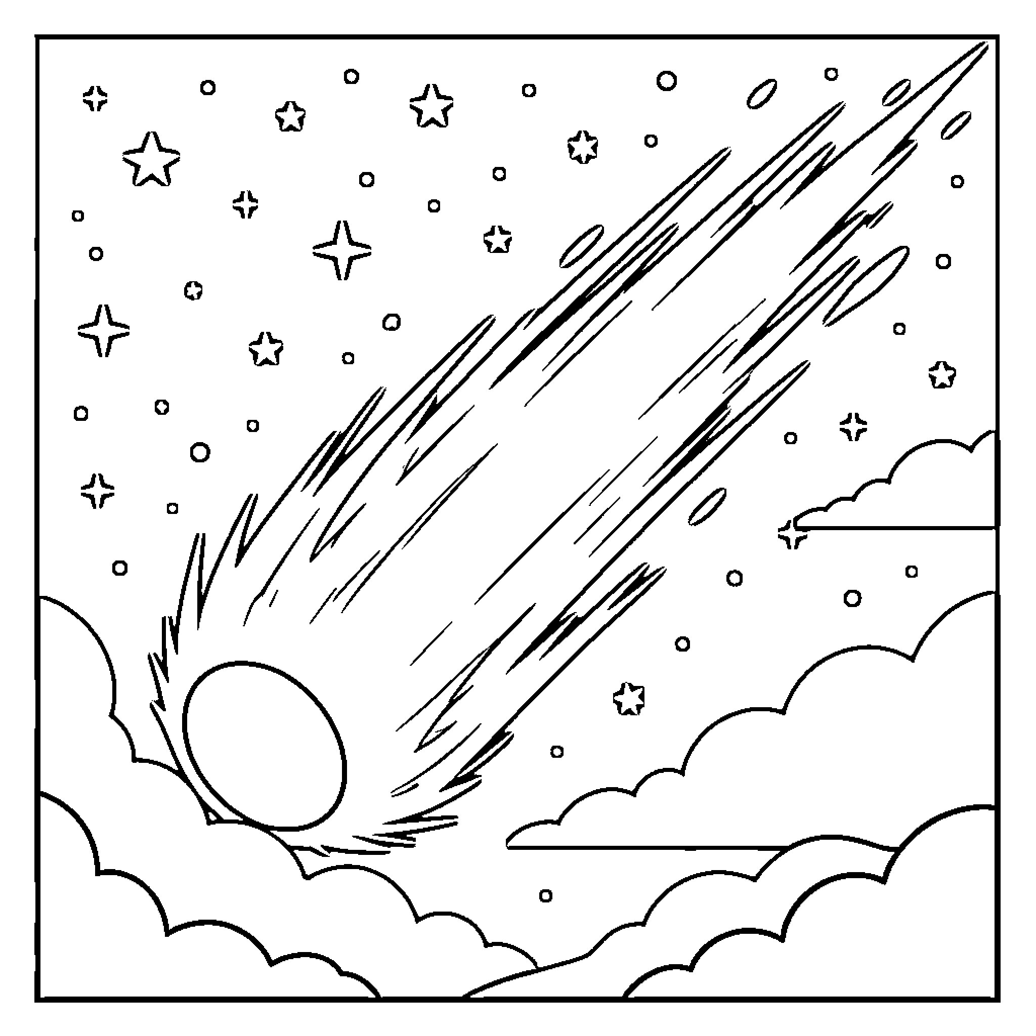Meteor streaking across a starry night sky Coloring Page (free black-and-white line drawing printable PDF for all, from beginners to advanced learners, including children, teens, adults, and seniors)