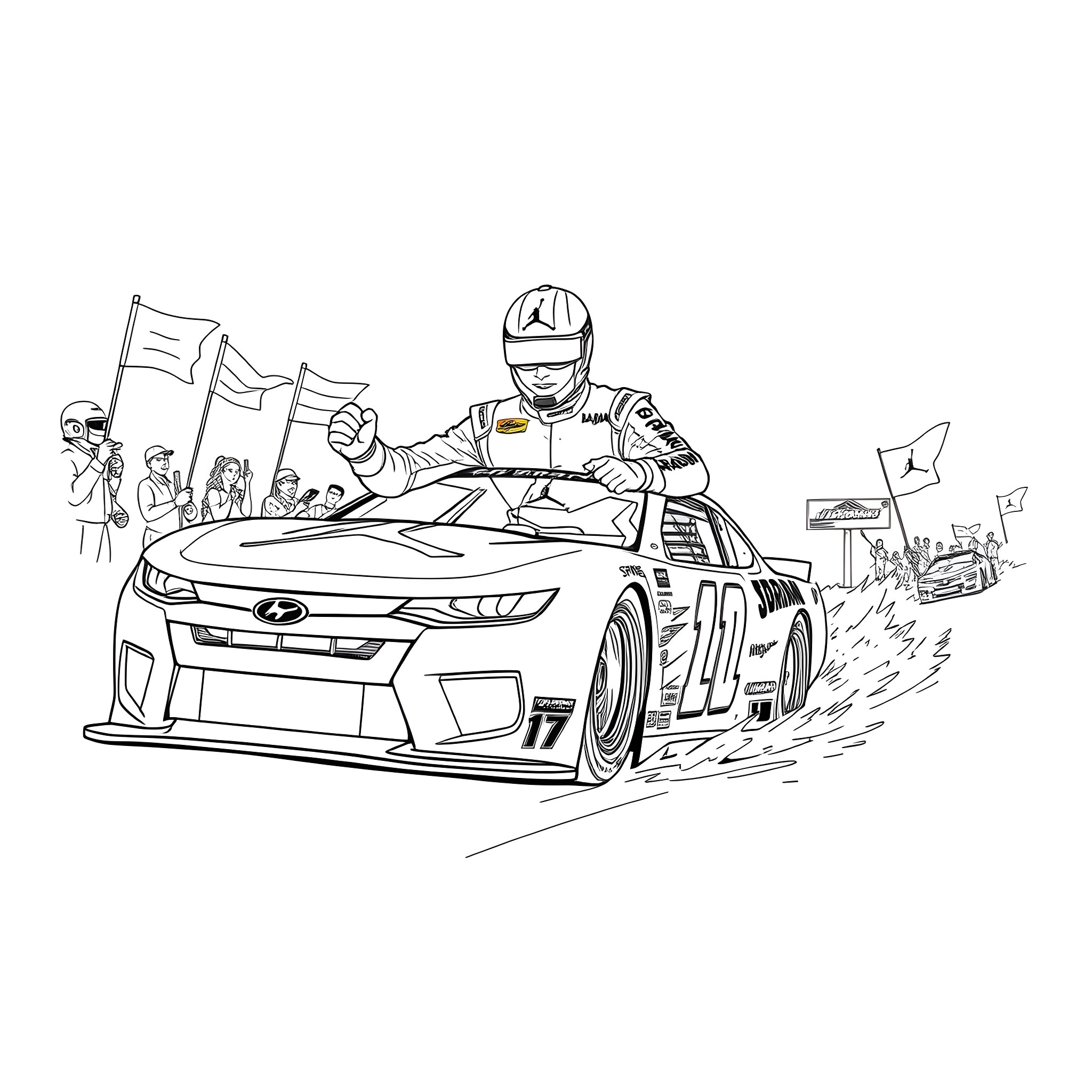 Tyler Reddick celebrates victory after racing car race Coloring Page (free black-and-white line drawing printable PDF for all, from beginners to advanced learners, including children, teens, adults, and seniors)