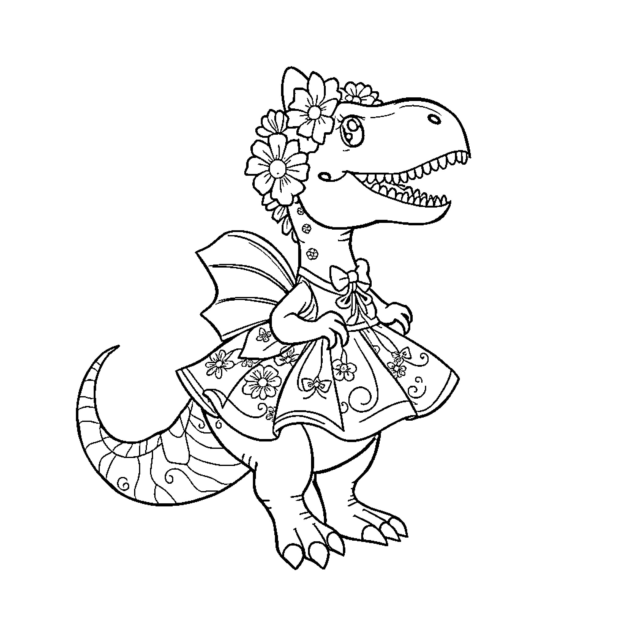 Dinosaur in Floral Dress Holding Flowers Coloring Page (free black-and-white line drawing printable PDF for all, from beginners to advanced learners, including children, teens, adults, and seniors)