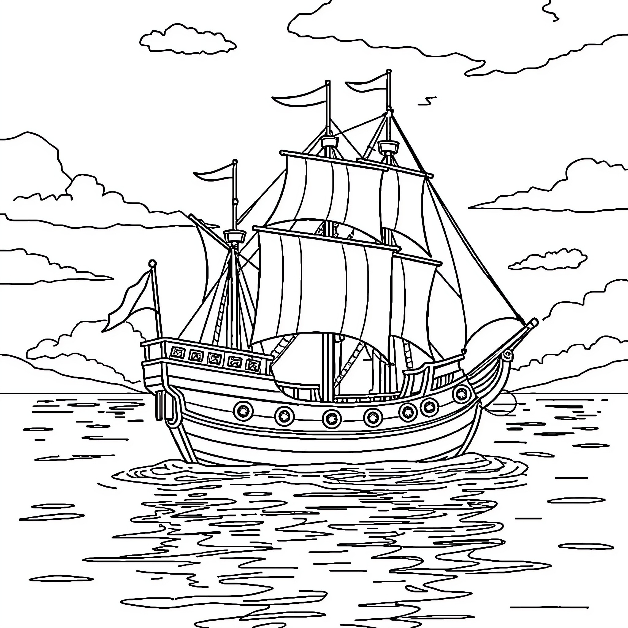 Pirate Ship Sailing on the Open Seas Coloring Page (free black-and-white line drawing printable PDF for all, from beginners to advanced learners, including children, teens, adults, and seniors)