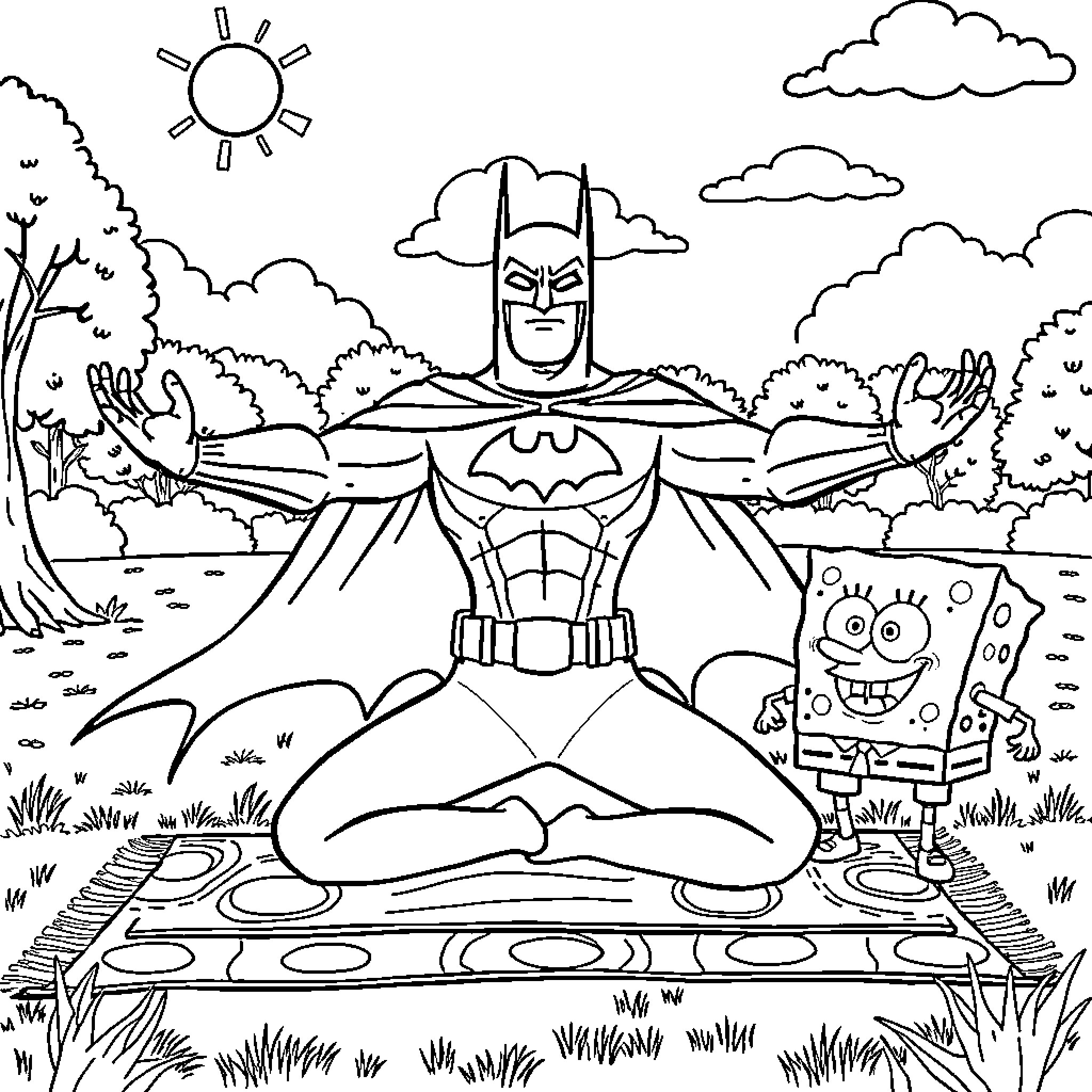 Batman meditating in serene outdoor setting Coloring Page (free black-and-white line drawing printable PDF for all, from beginners to advanced learners, including children, teens, adults, and seniors)