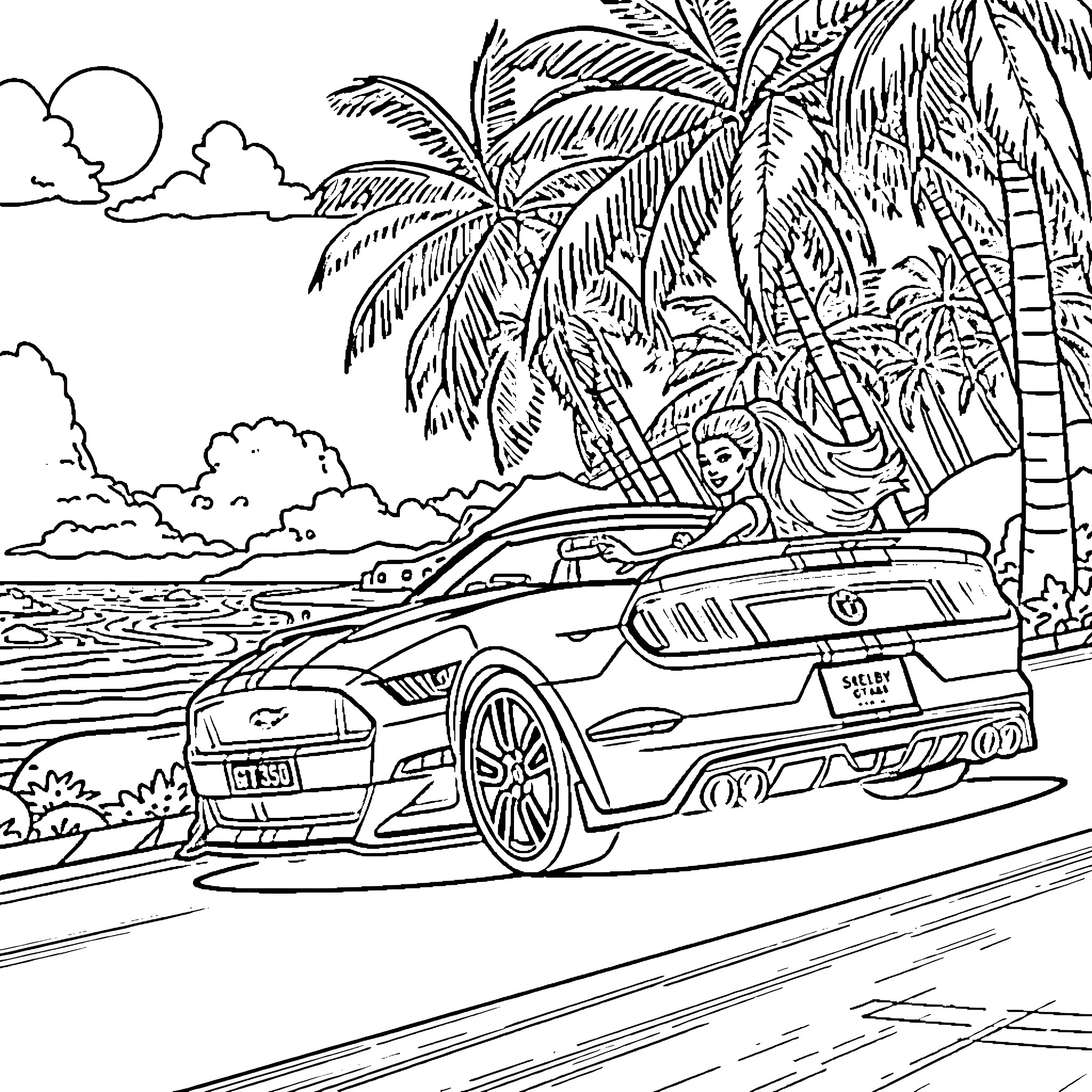 Barbie's Sports Car Adventure on the Beach Coloring Page (free black-and-white line drawing printable PDF for all, from beginners to advanced learners, including children, teens, adults, and seniors)