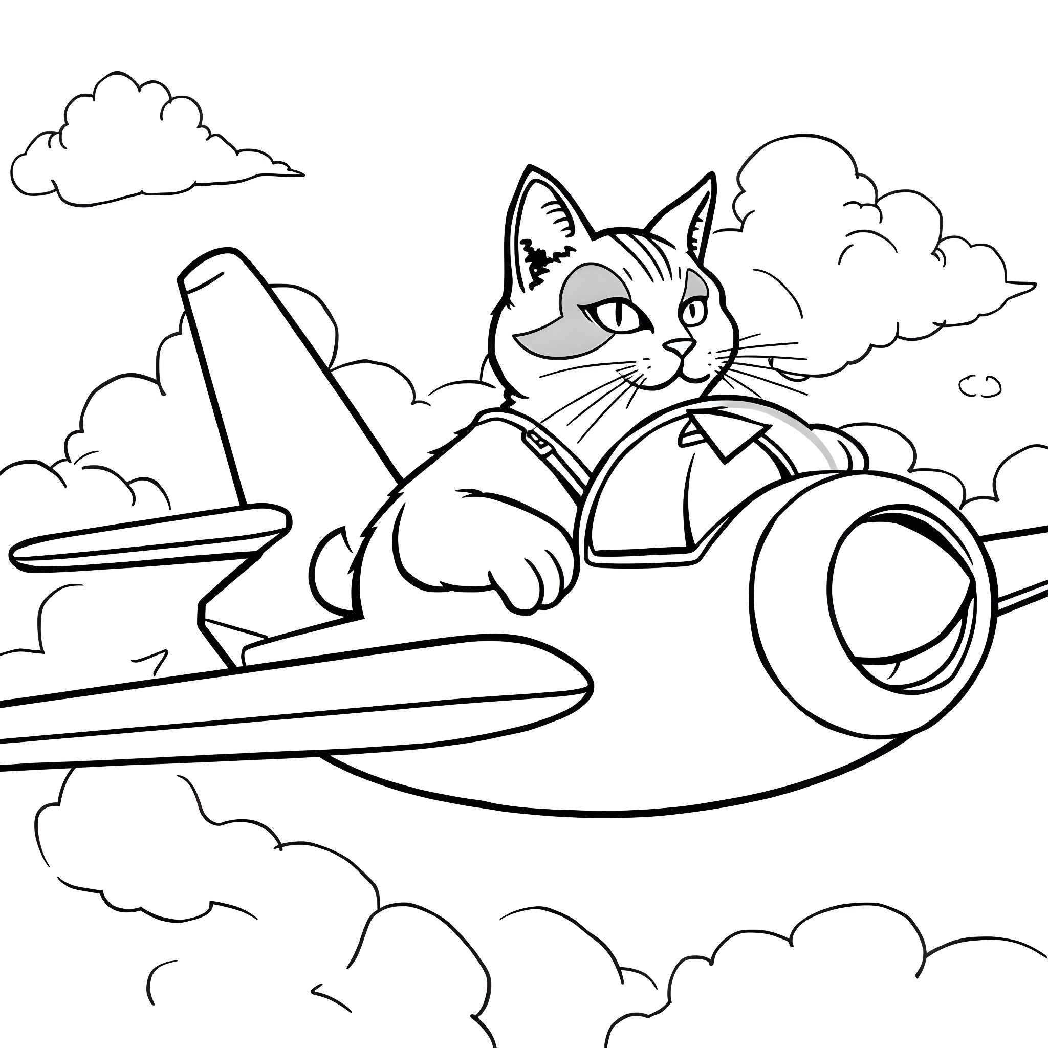 Cat flying in a spaceship Coloring Page (free black-and-white line drawing printable PDF for all, from beginners to advanced learners, including children, teens, adults, and seniors)